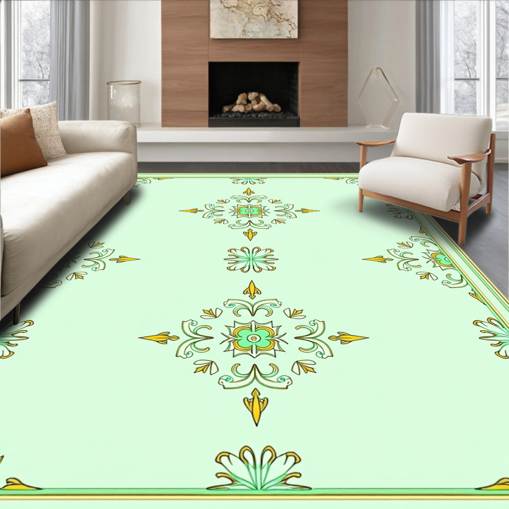 Light Green Floral Scroll Pattern Rug
