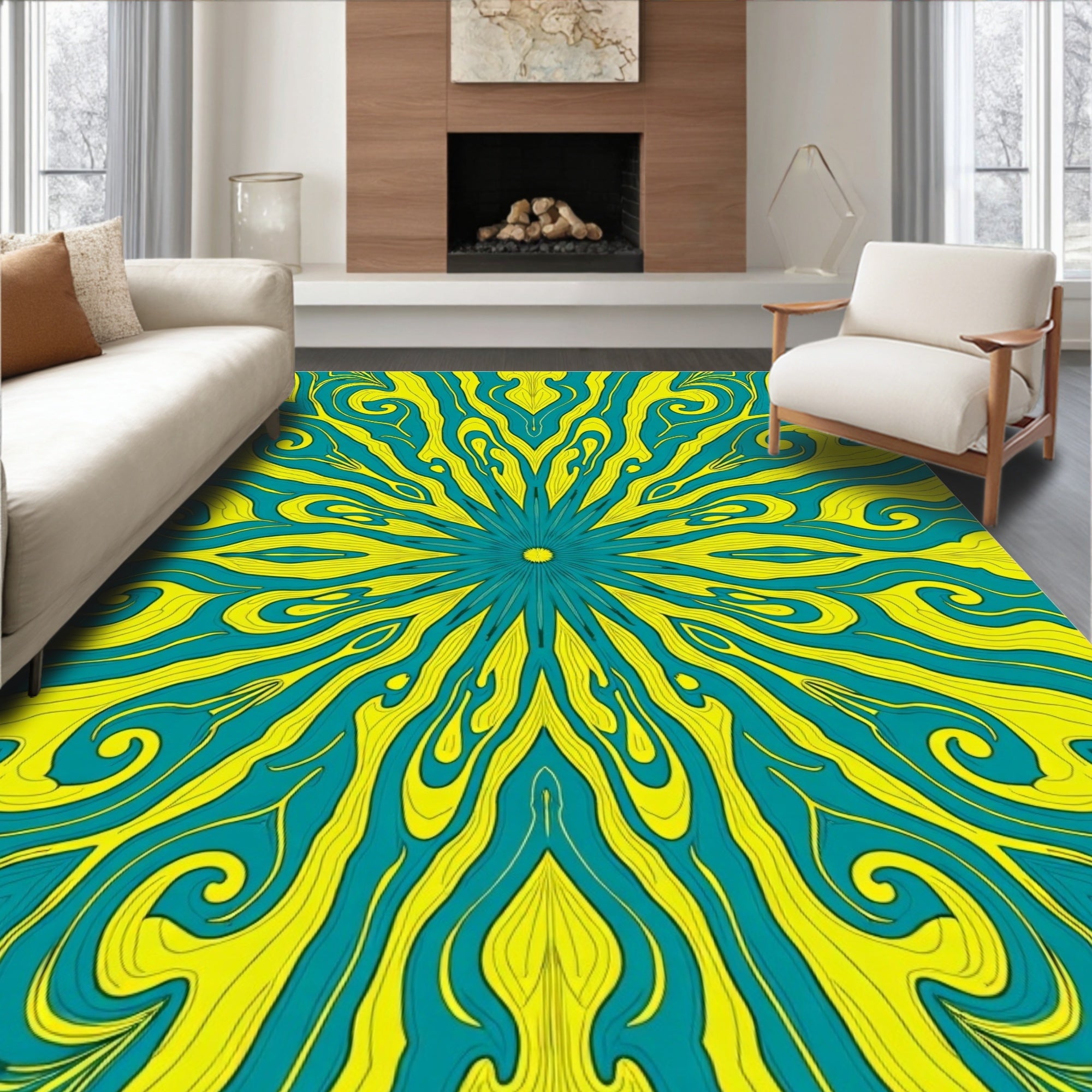 Radiant Teal Yellow Swirl Pattern Rug