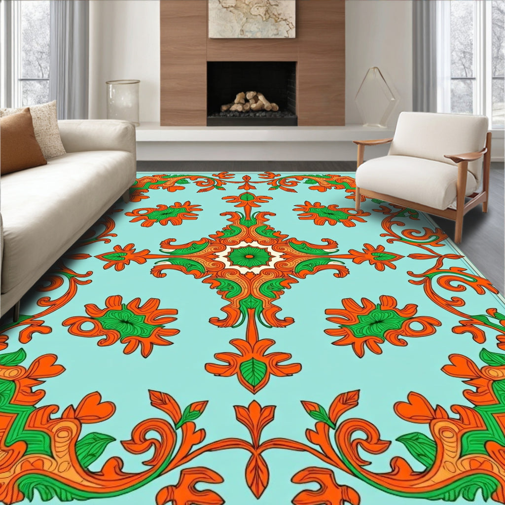 Aqua Orange Green Floral Scroll Rug