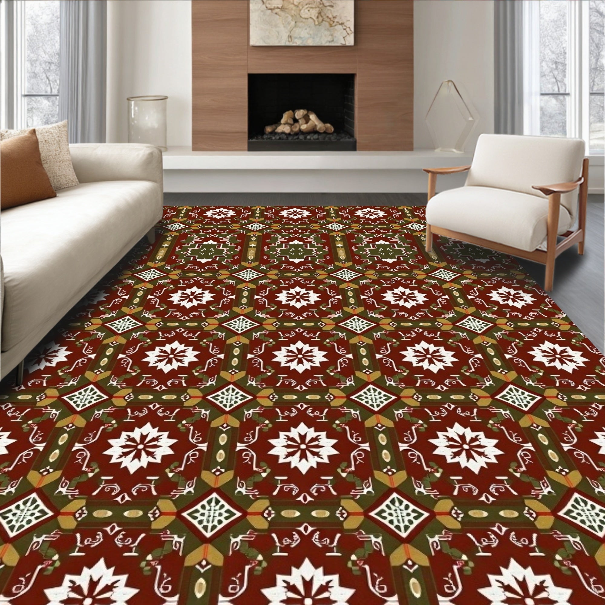 Rich Red Ochre Geometric Floral Pattern Rug