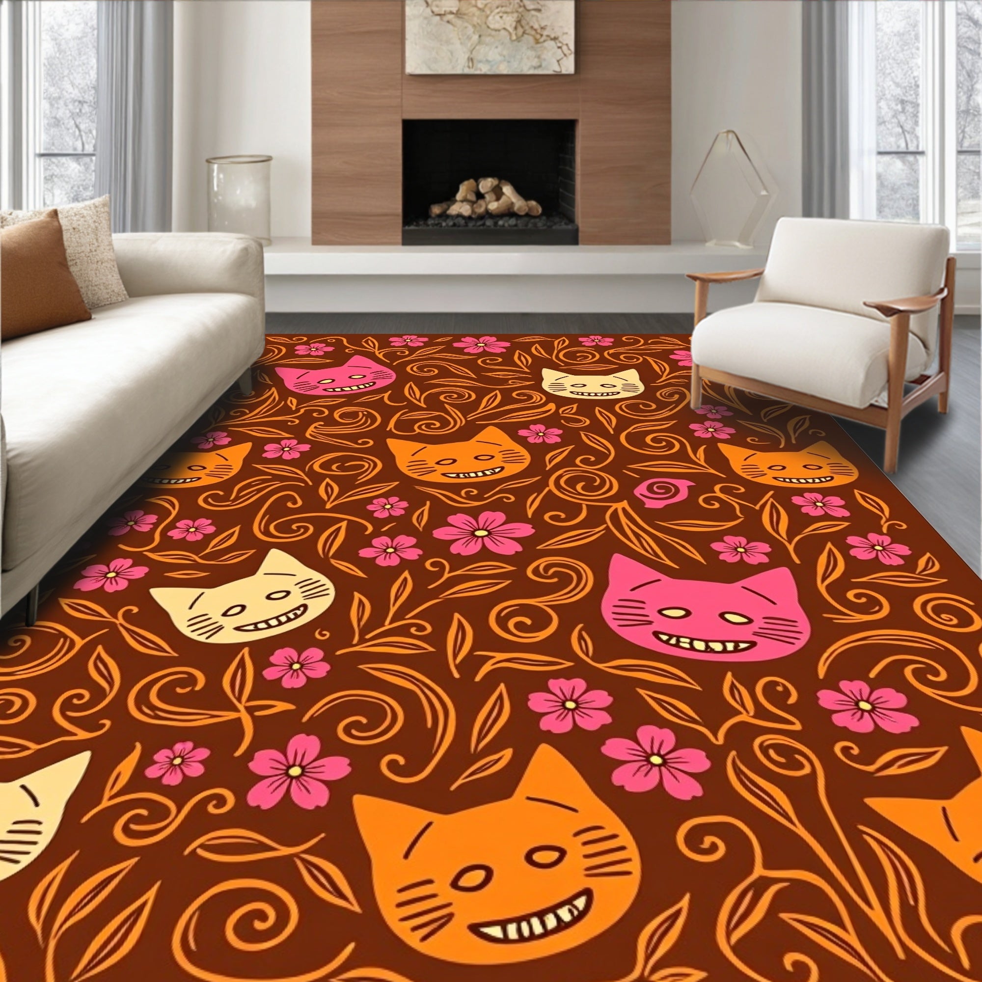 Whimsical Cats And Floral Swirls Design Rug