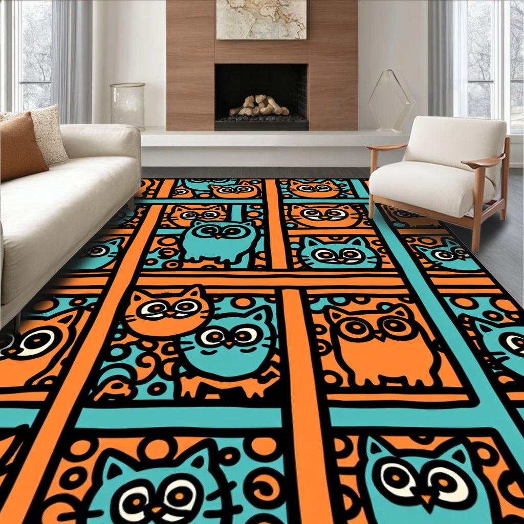 Orange Teal Cats Owls Pattern Rug