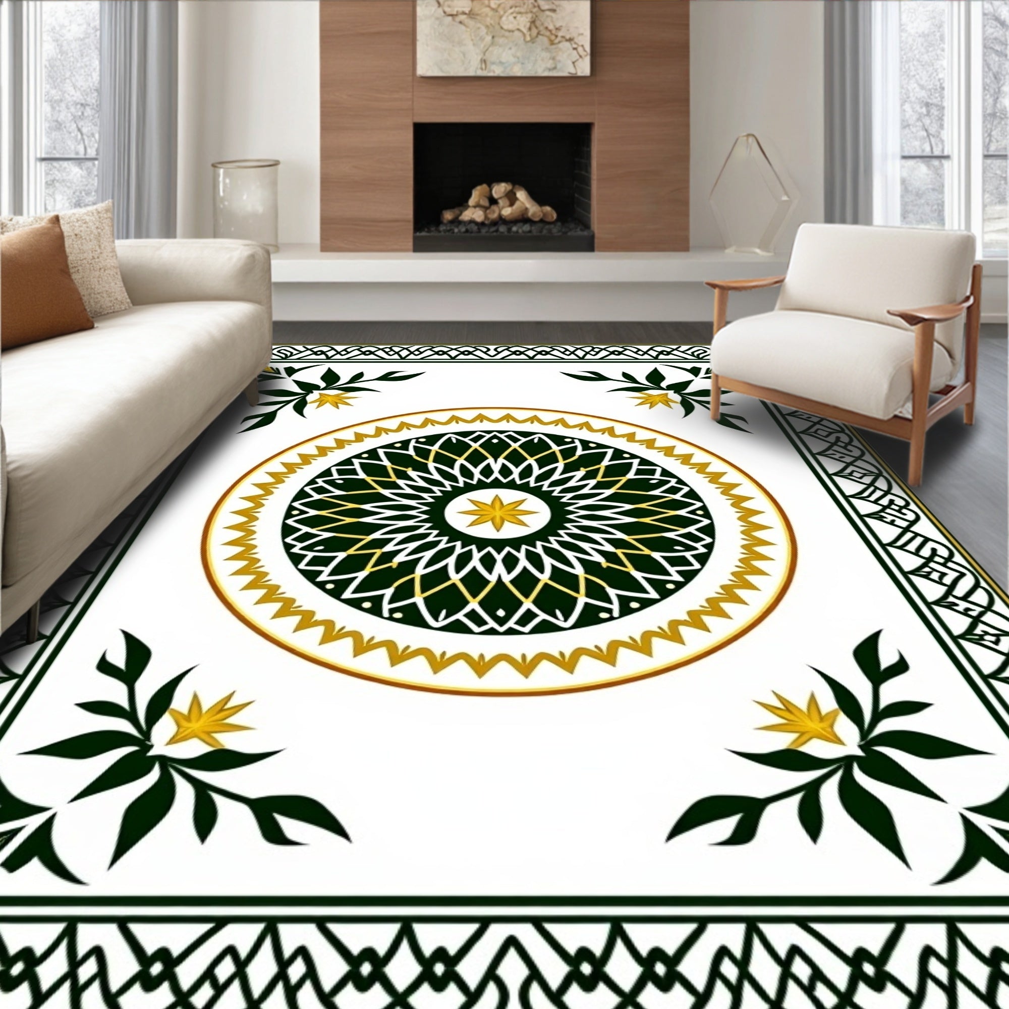 Classic Green Gold Floral Medallion Rug