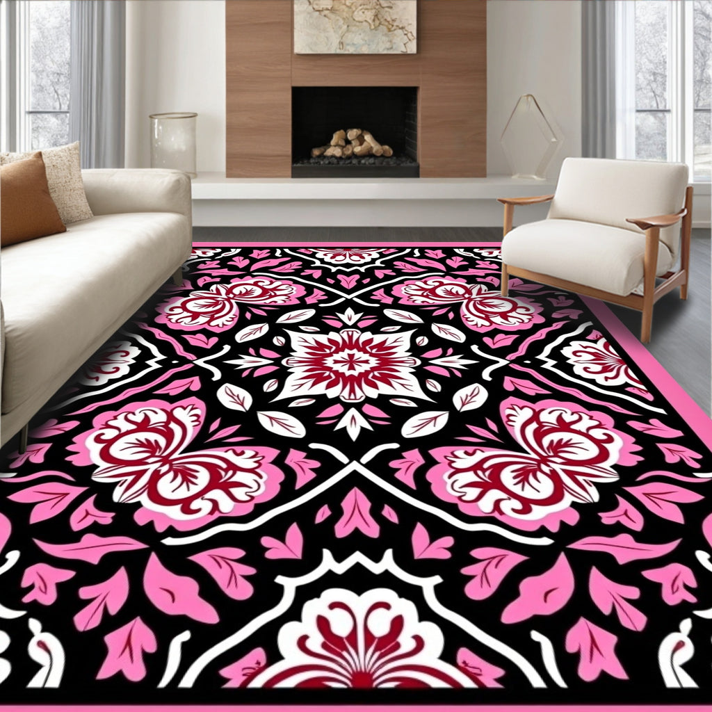 Pink Maroon Floral Symmetry Rug