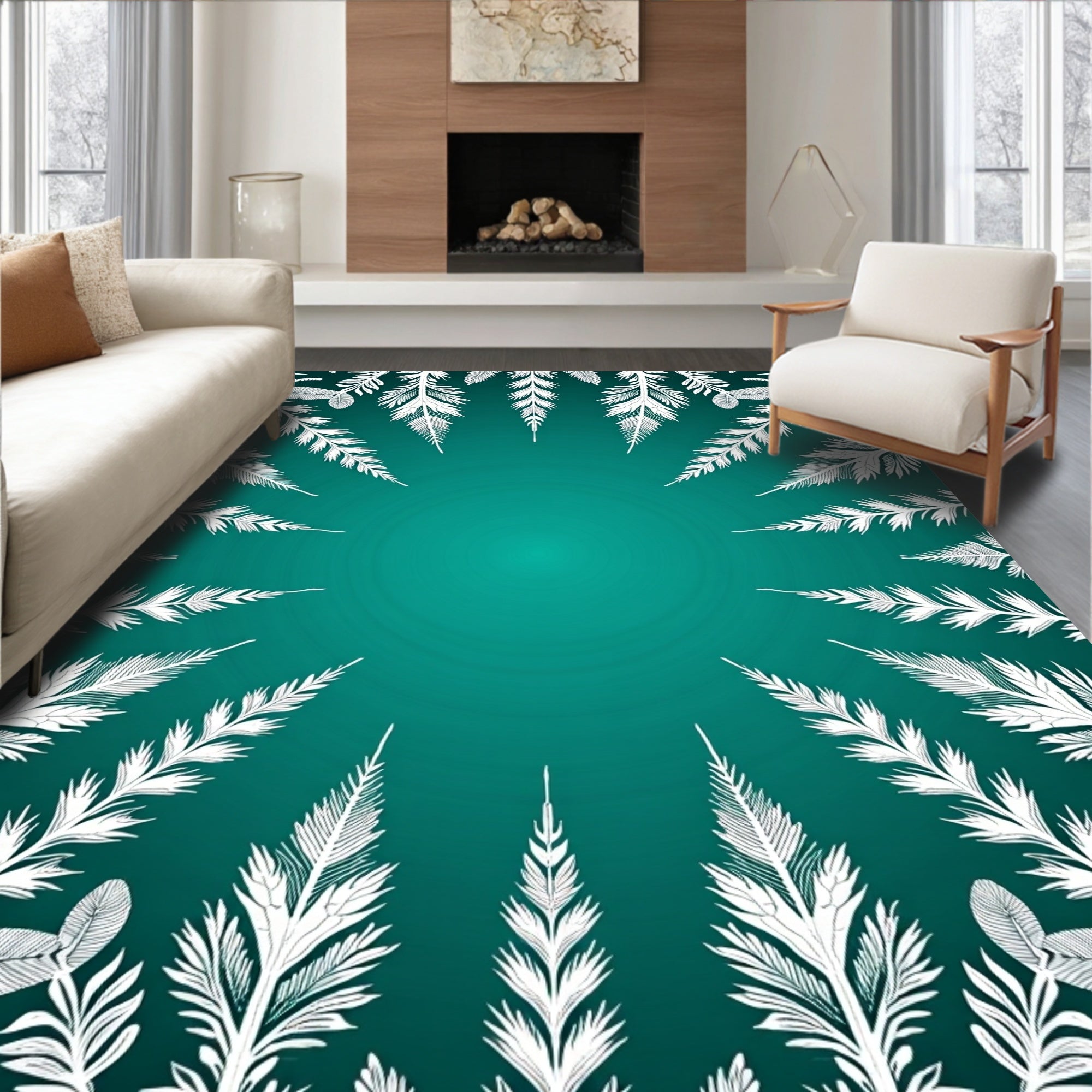 Ethereal White Ferns Teal Gradient Rug