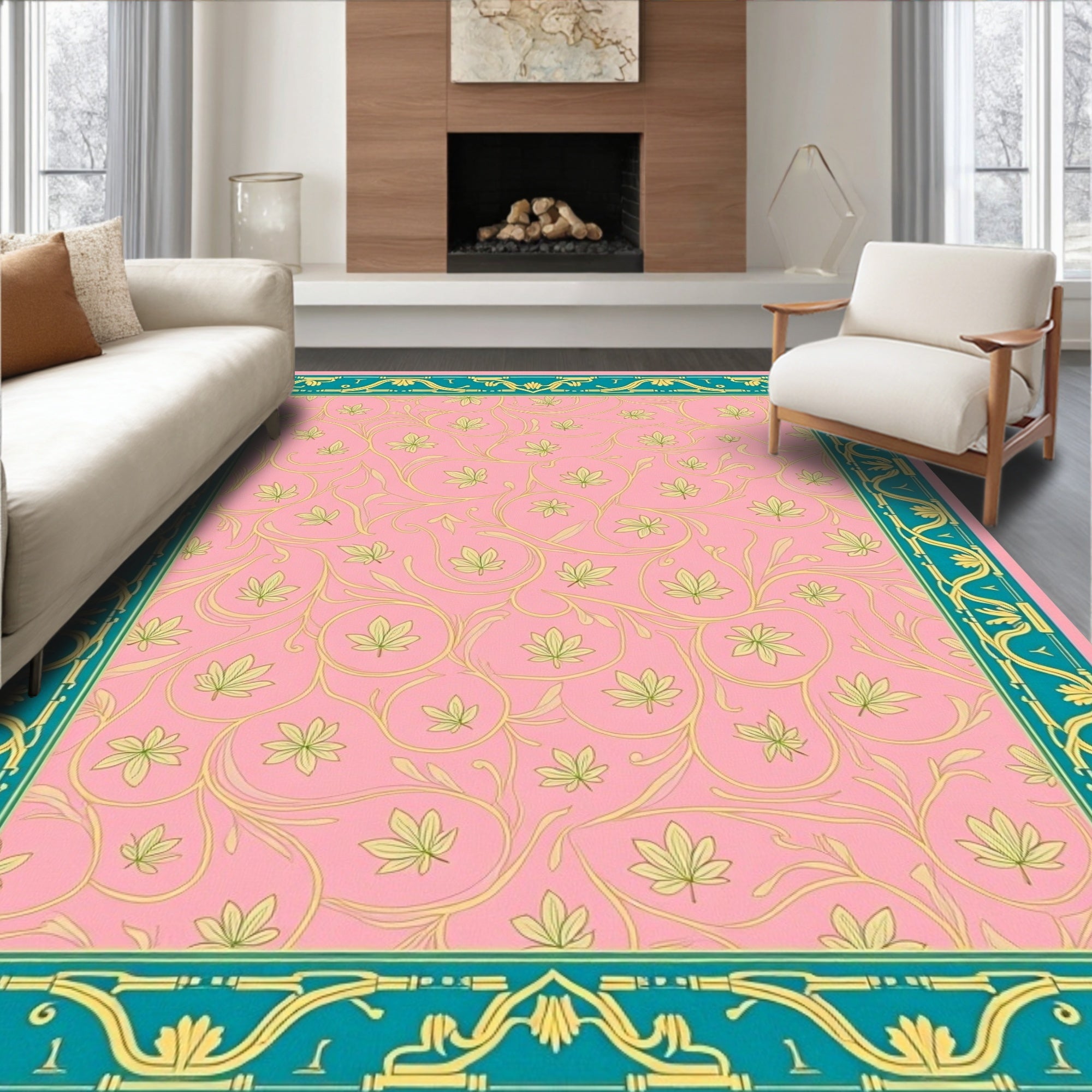 Pink Floral Vines Geometric Border Design Rug