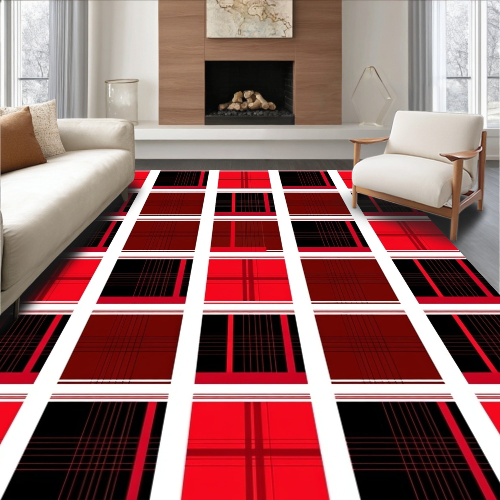 Bold Red Black Plaid Squares Rug