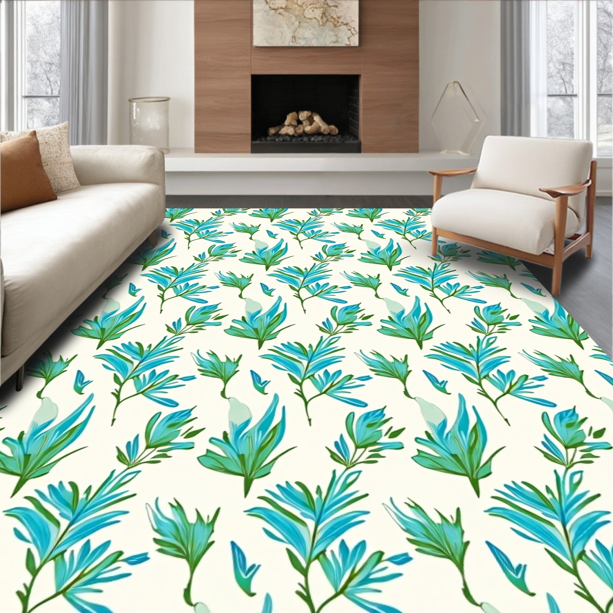 Tropical Leaf Pattern with Teal Accents Rug