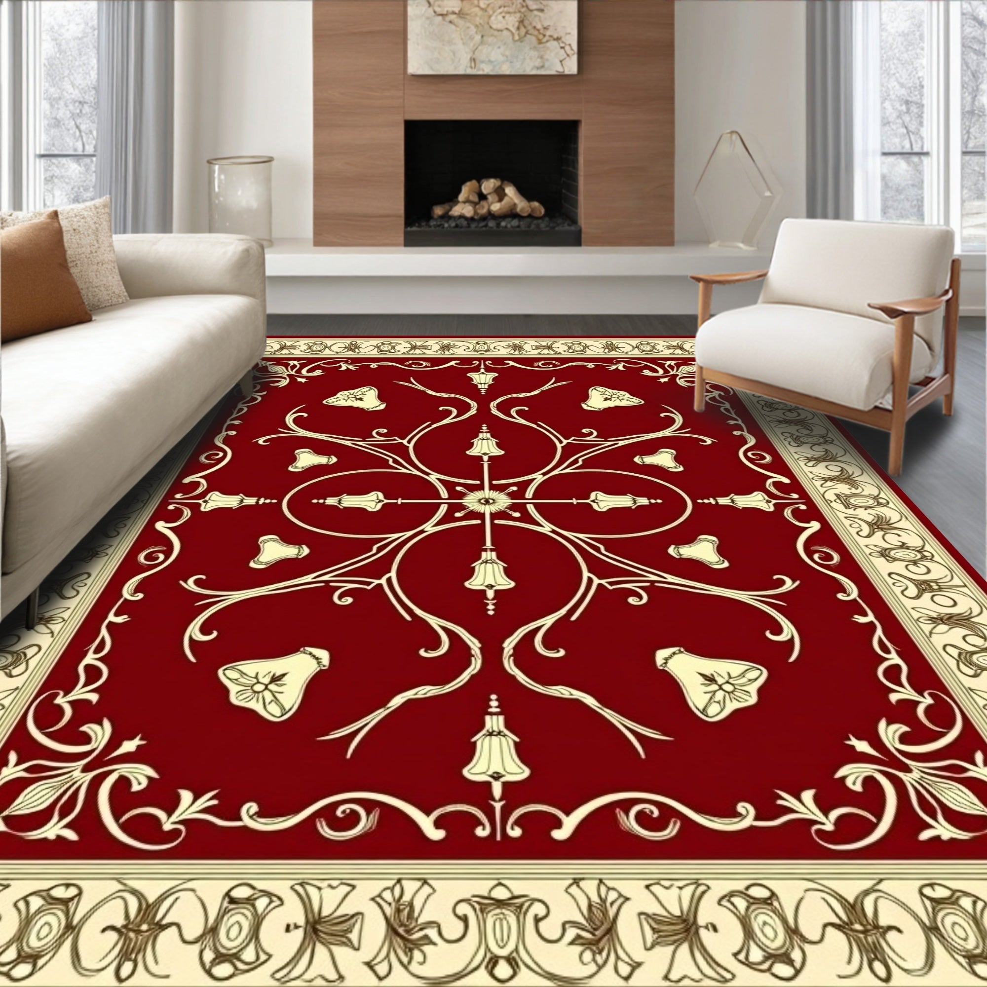 Ornate Red Cream Floral Medallion Rug