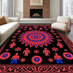 Red Blue Central Sun Figures Border Rug