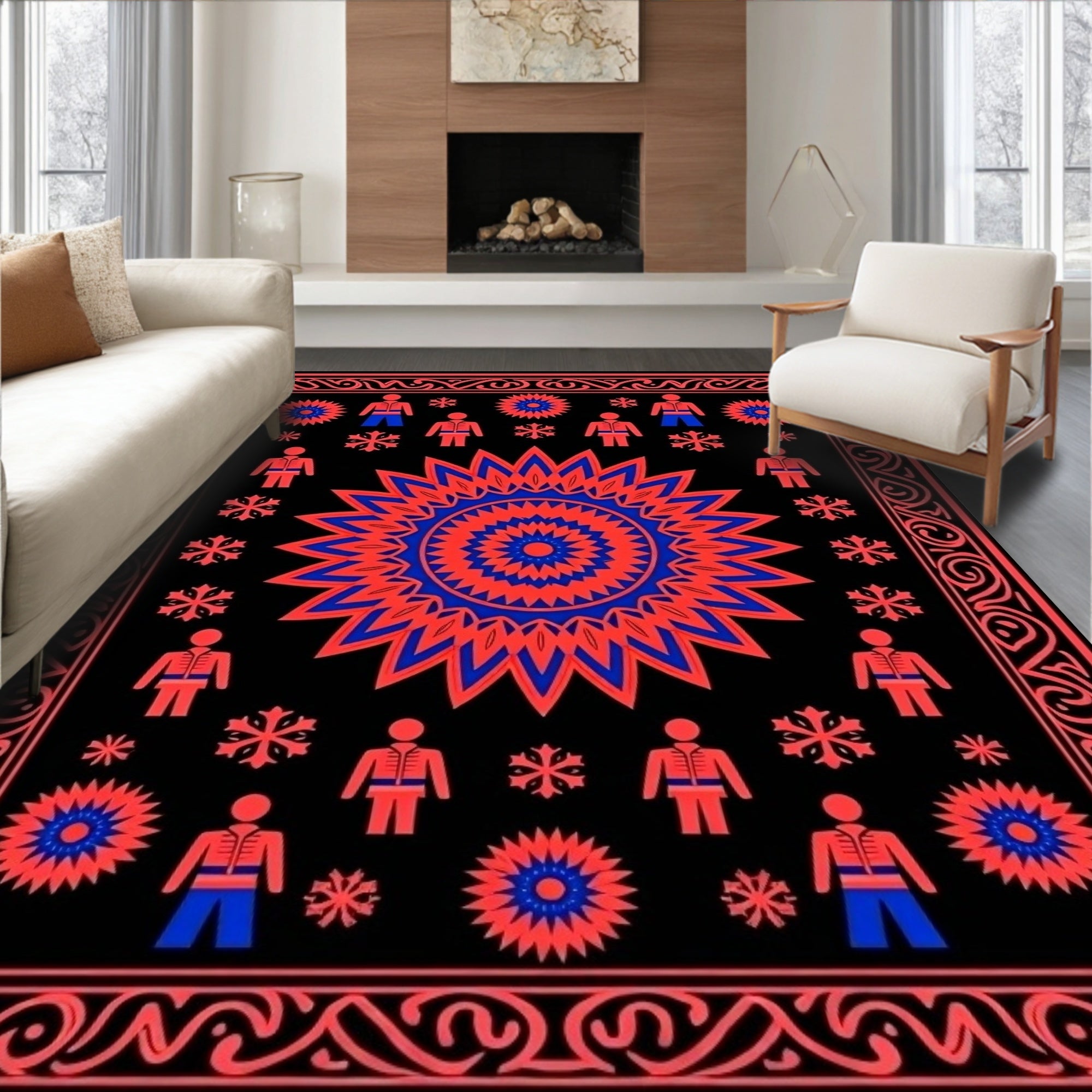 Red Blue Central Sun Figures Border Rug