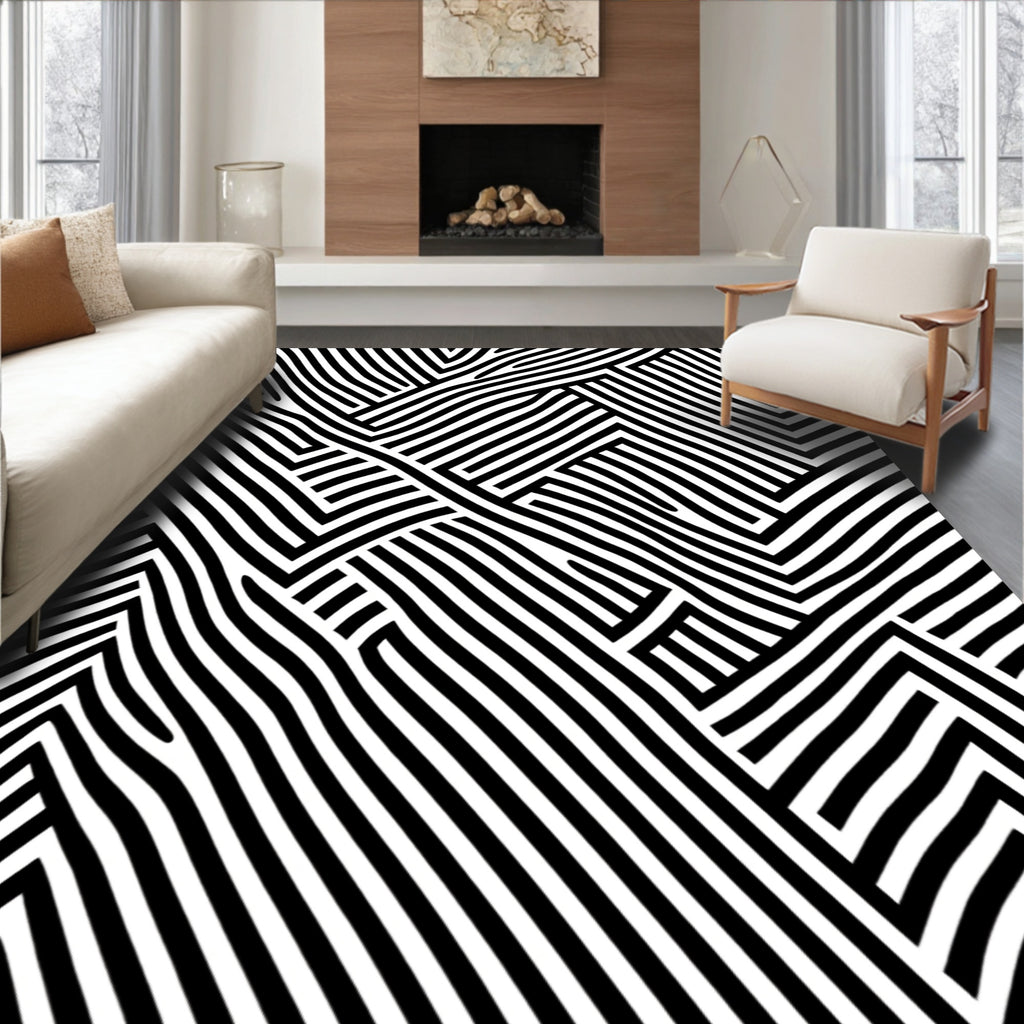 Black White Geometric Line Pattern Rug