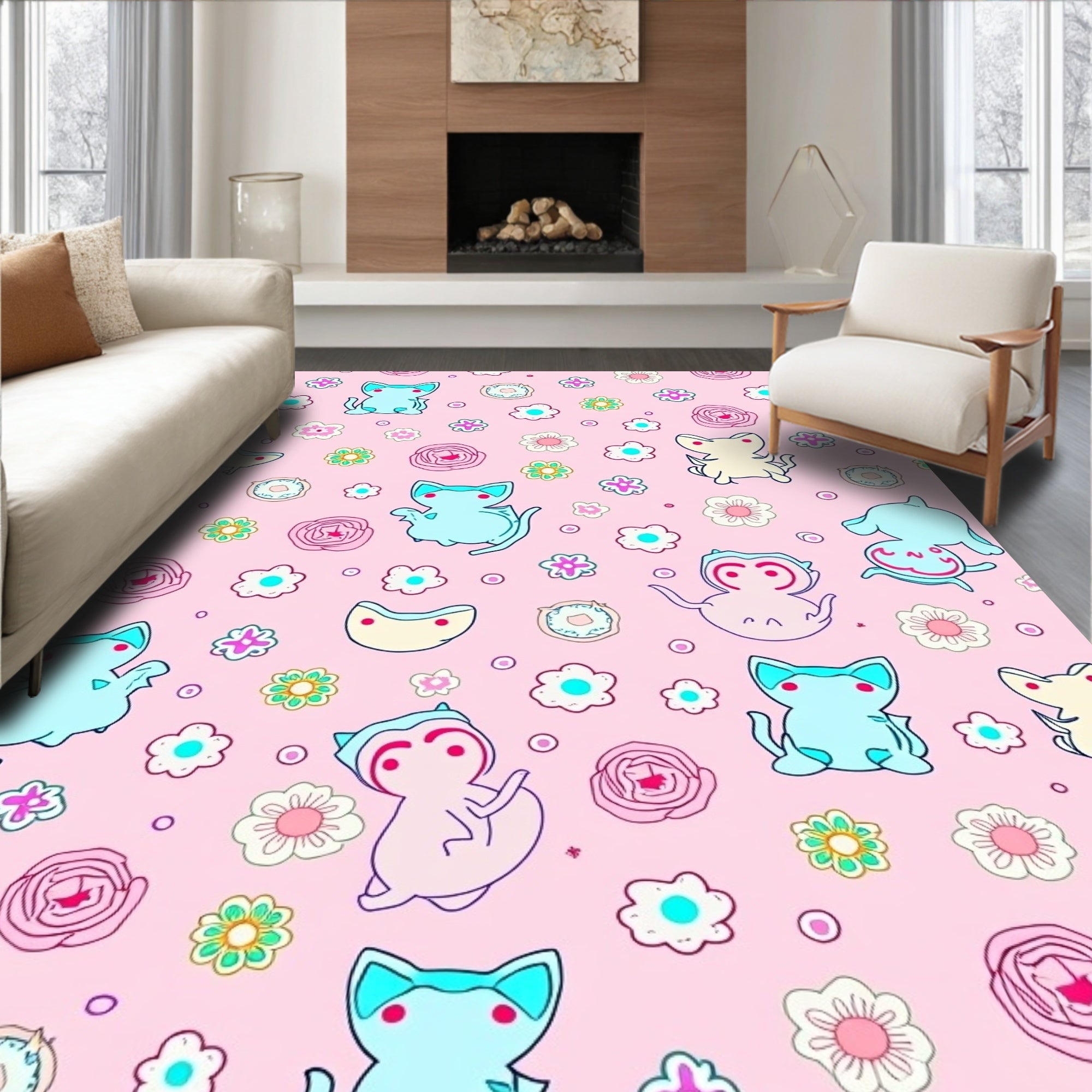 Cute Cat Flower Patterned Rug