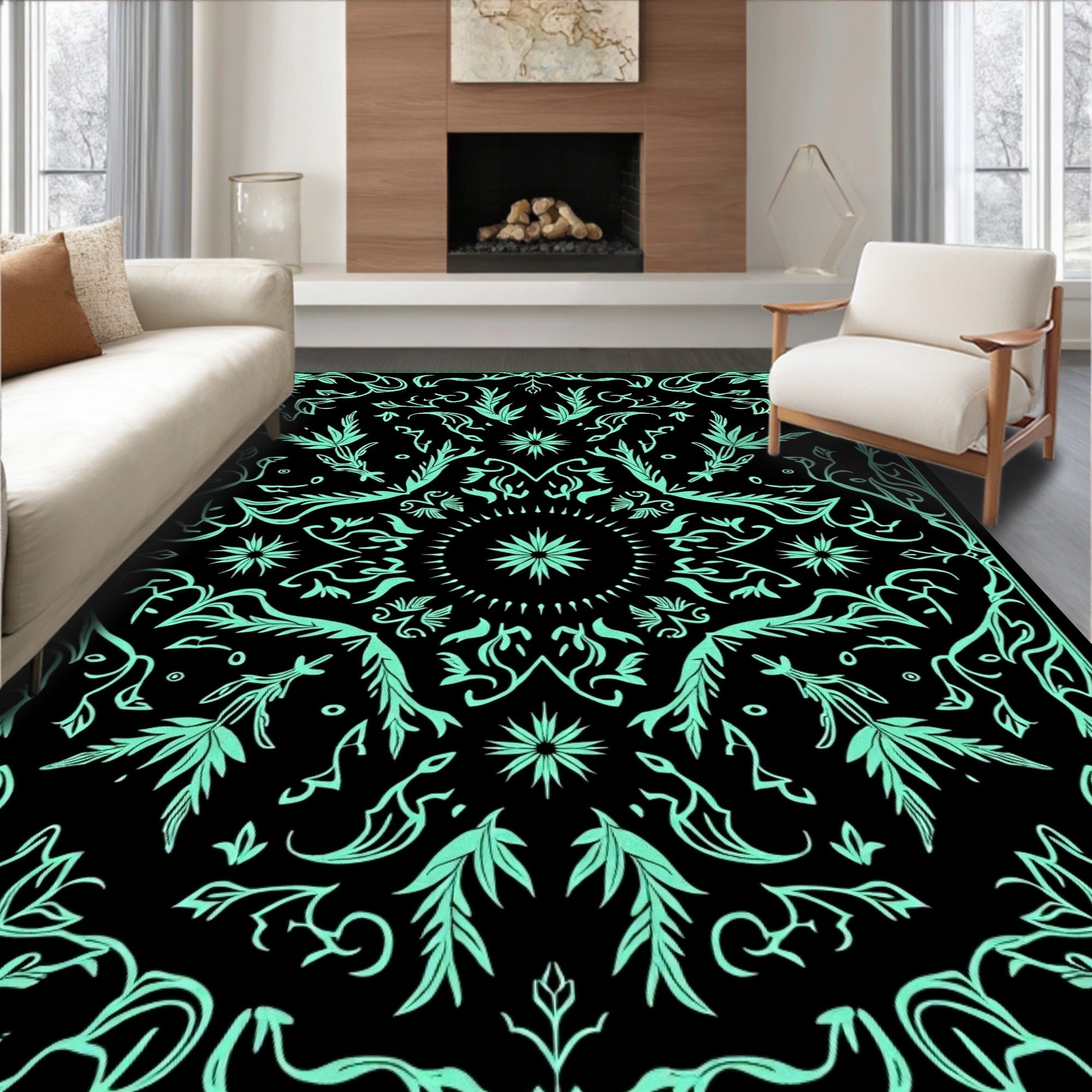 Black Teal Floral Mandala Rug