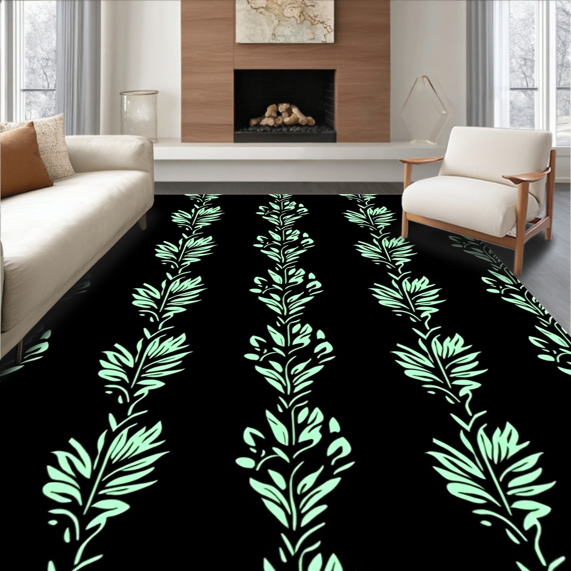 Light Green Botanical Vertical Stripe Rug