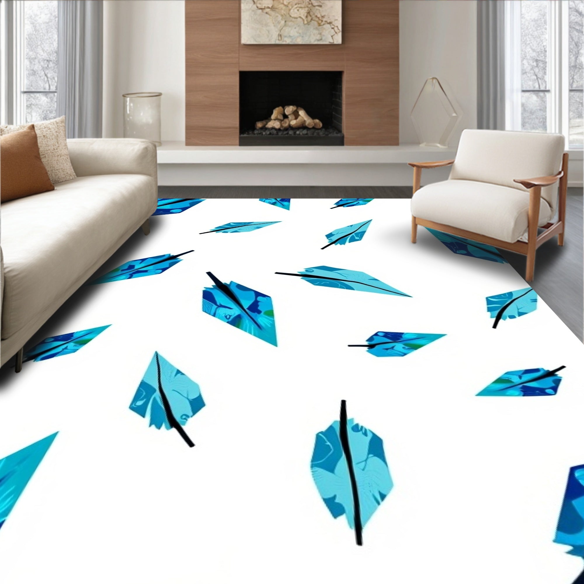 Abstract Blue Feather Pattern Rug