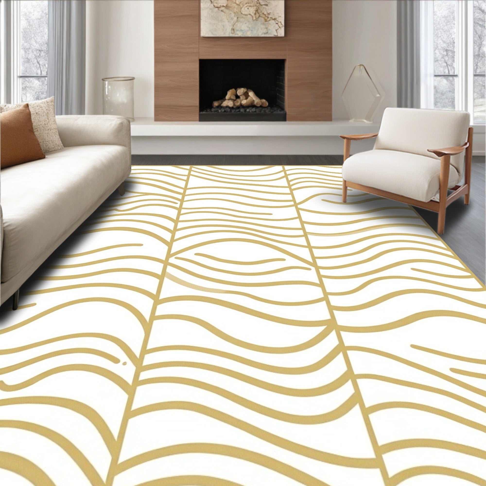 Abstract Golden Wavy Lines Rug
