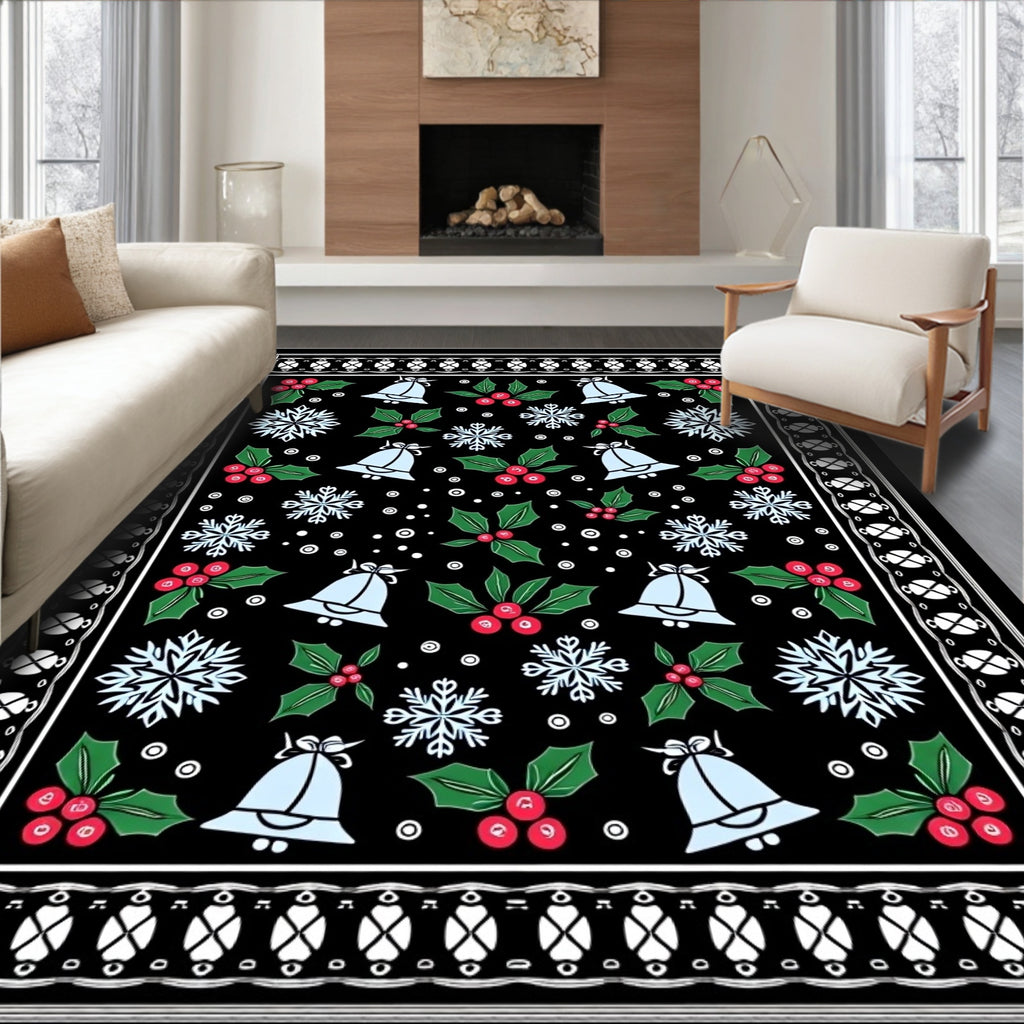 Festive Black Holly Bell Snowflake Rug