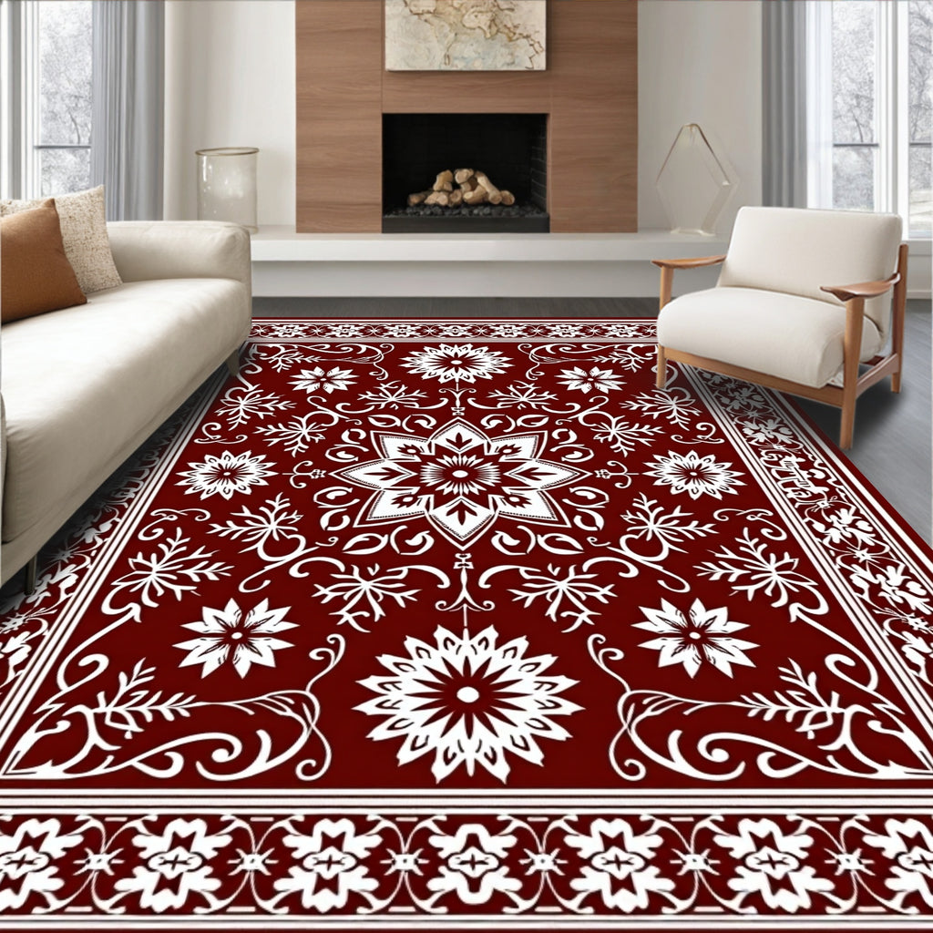 Rich Red White Floral Medallion Pattern Rug