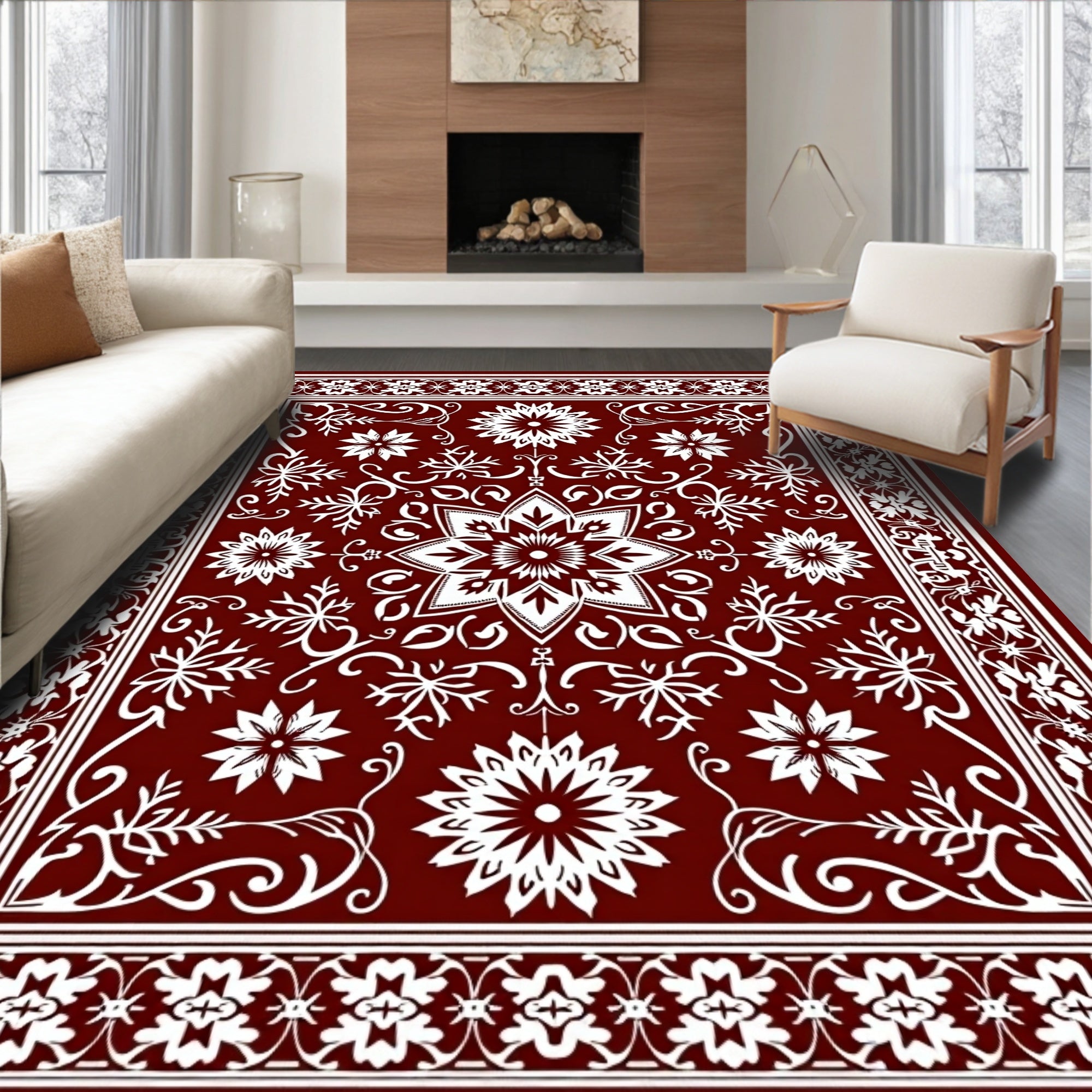 Rich Red White Floral Medallion Pattern Rug