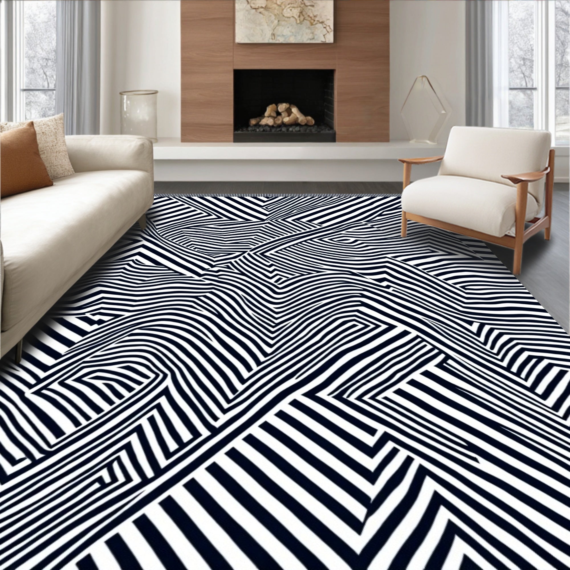 Abstract Black White Line Art Rug