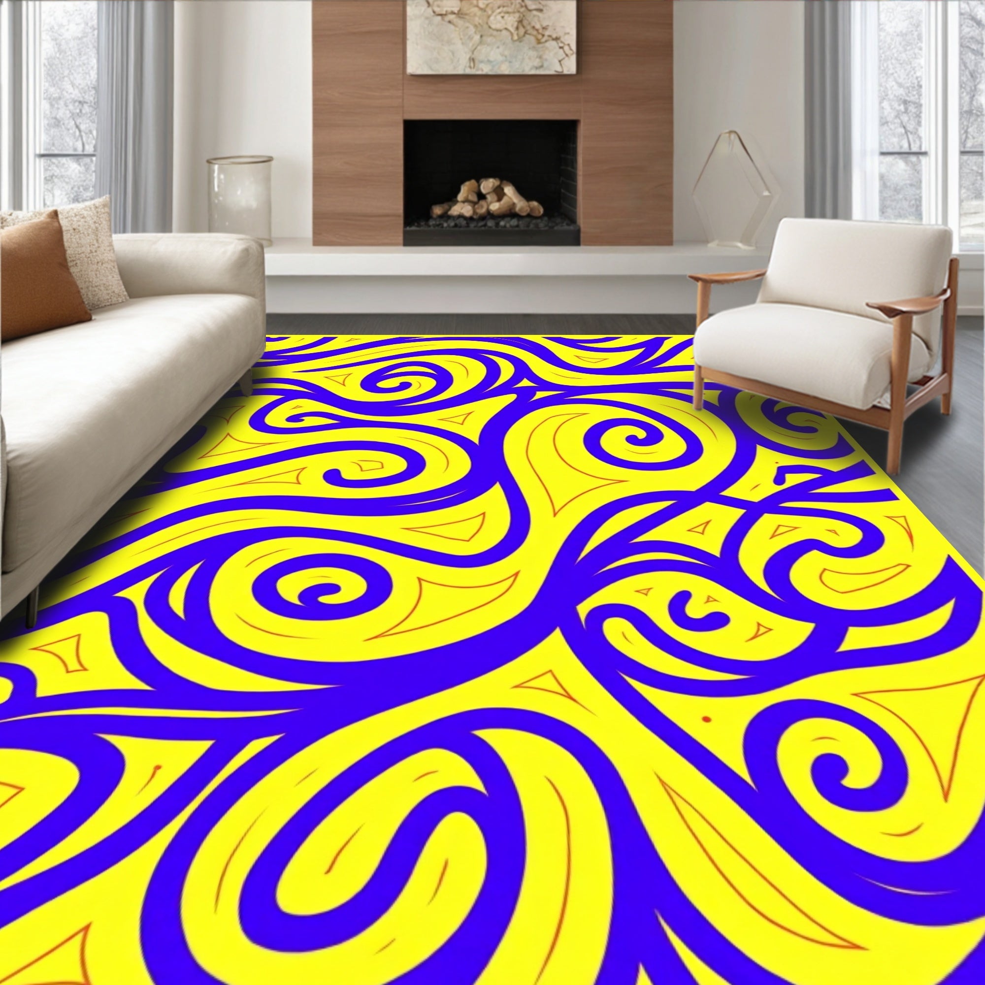 Vibrant Blue Swirls and Yellow Triangles Rug