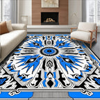 Intricate Blue And White Geometric Design Rug