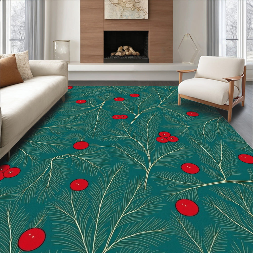 Deep Teal Red Berry Evergreen Foliage Rug