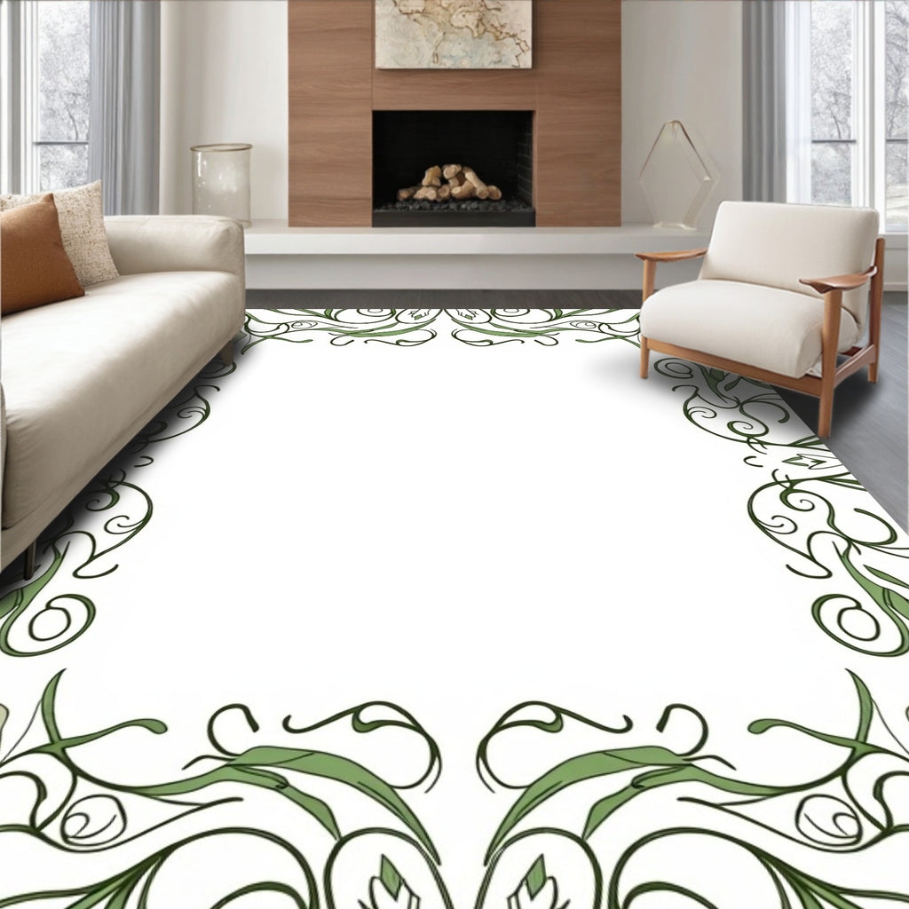 Elegant Green Floral Swirls Pattern Rug