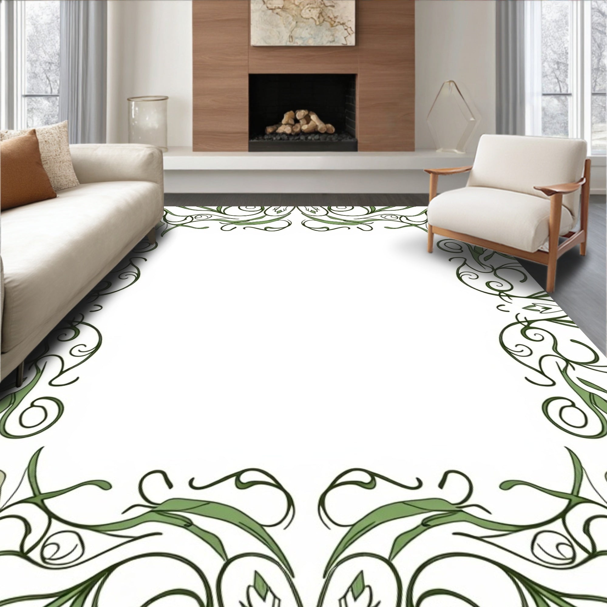 Elegant Green Floral Swirls Pattern Rug