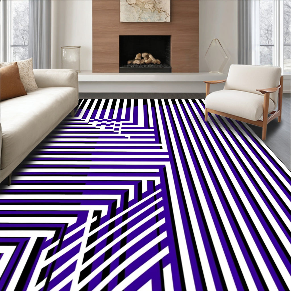 Bold Purple White Striped Geometric Rug