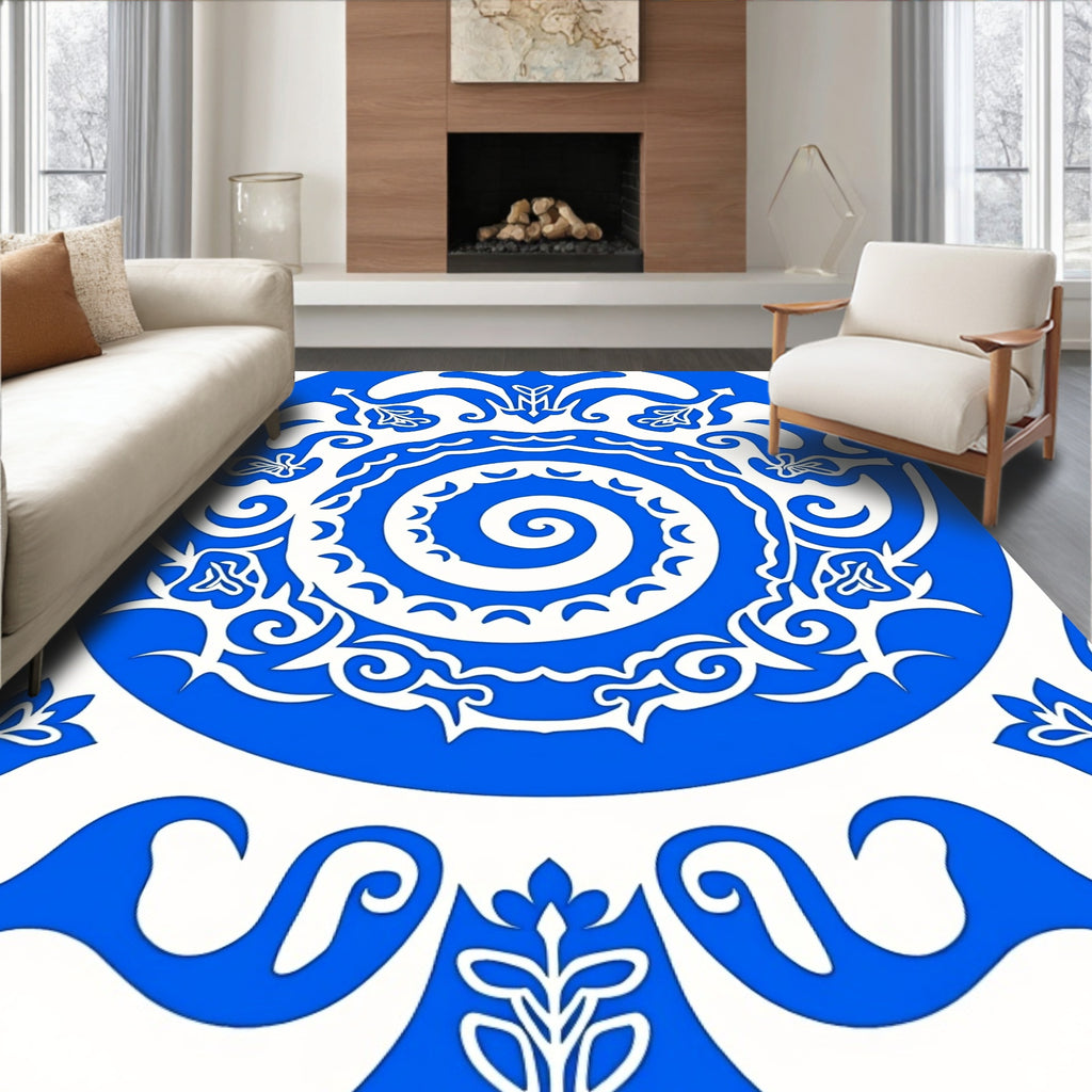 Bold Blue And White Scroll Pattern Rug