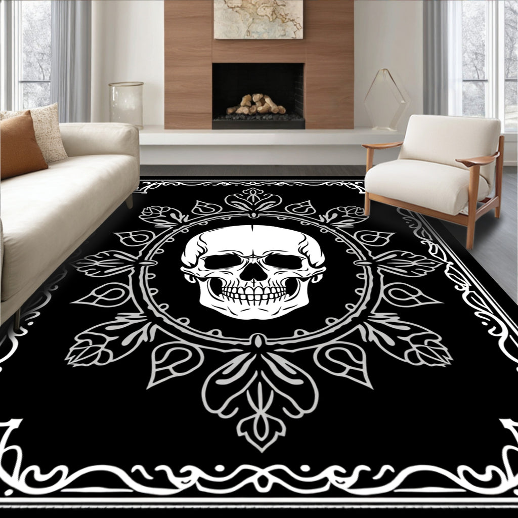 Monochromatic Skull Floral Frame Rug