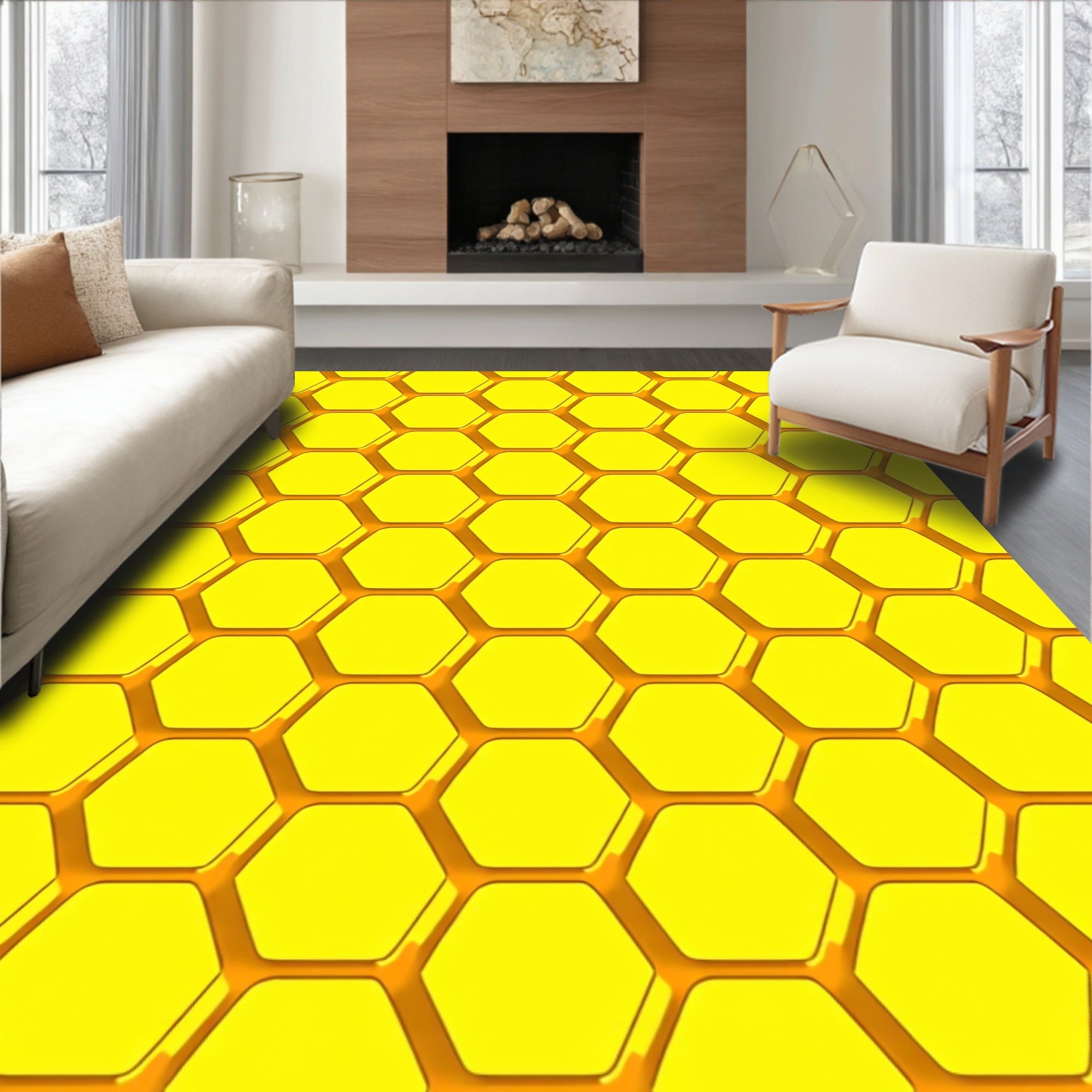 Vibrant Yellow Hexagonal Pattern Rug