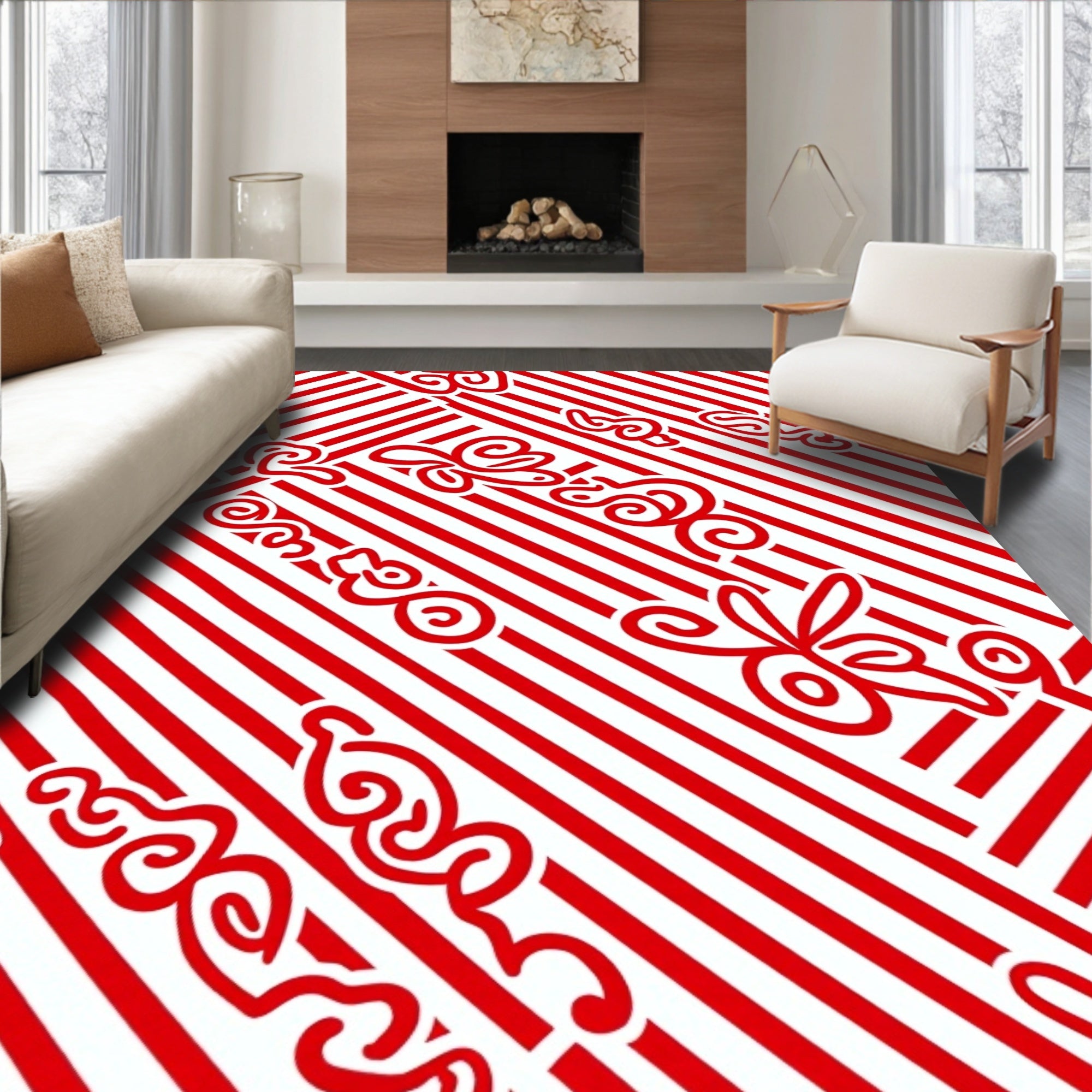 Red White Swirl Stripe Pattern Rug