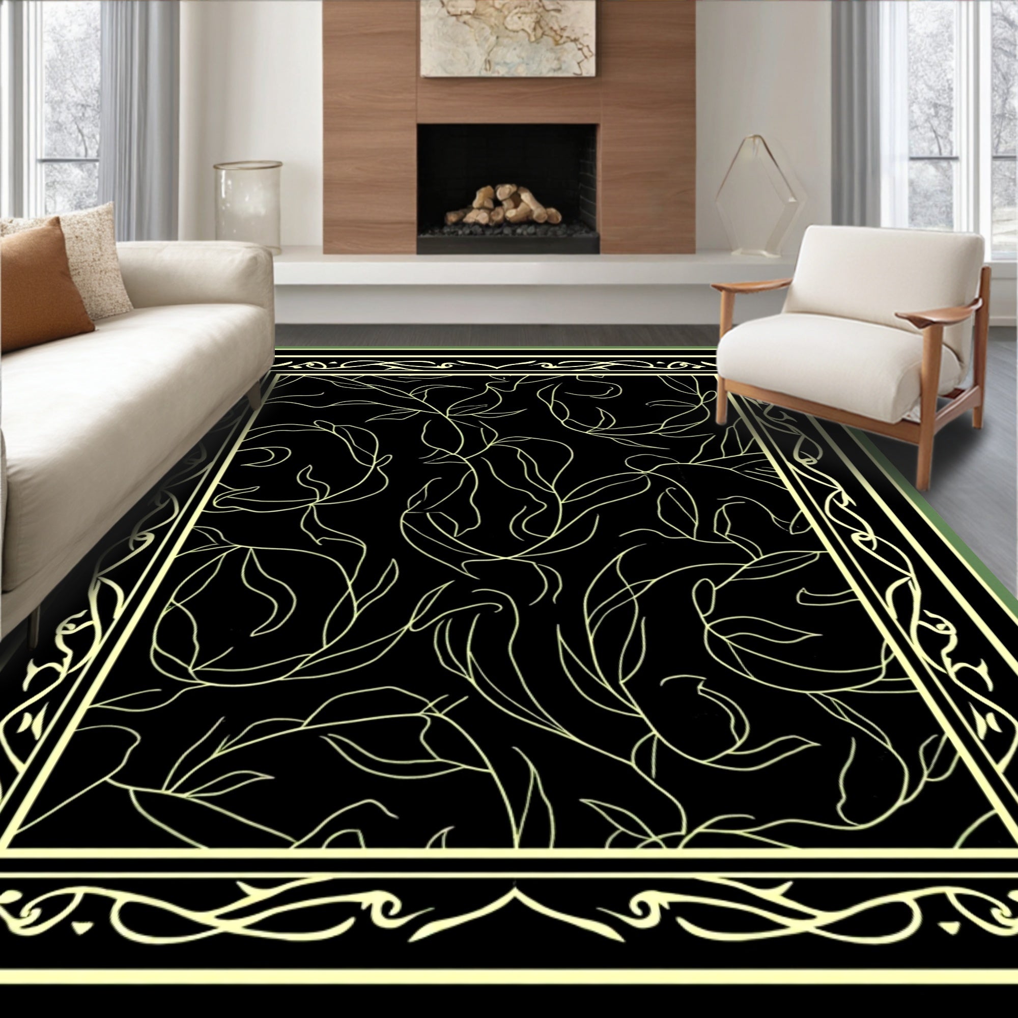Elegant Black Yellow Vine Pattern Rug