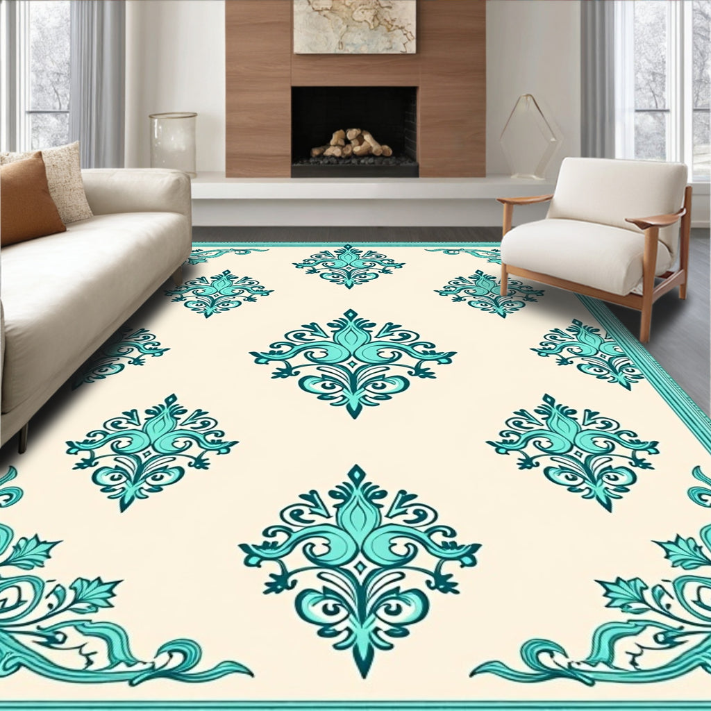 Turquoise Floral Damask Scrollwork Pattern Rug
