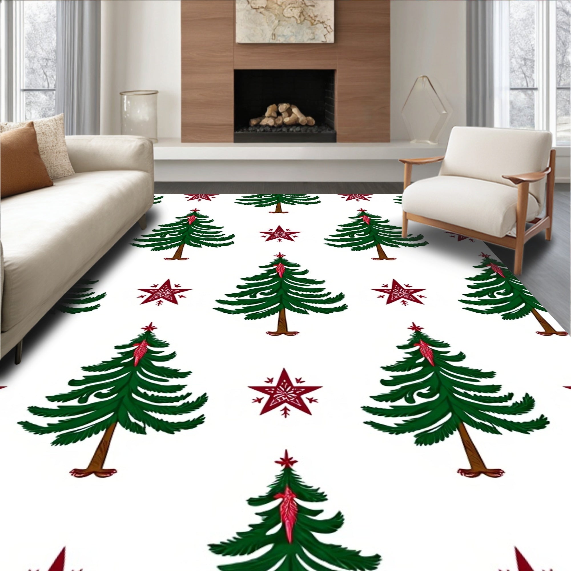 Green Trees Red Star Pattern Rug