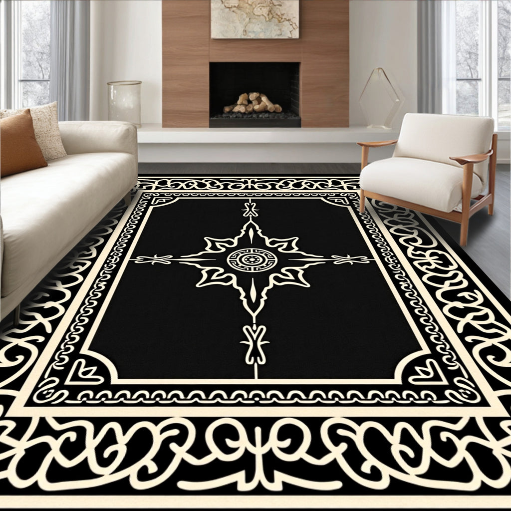 Ornate Black Cream Geometric Mandala Rug