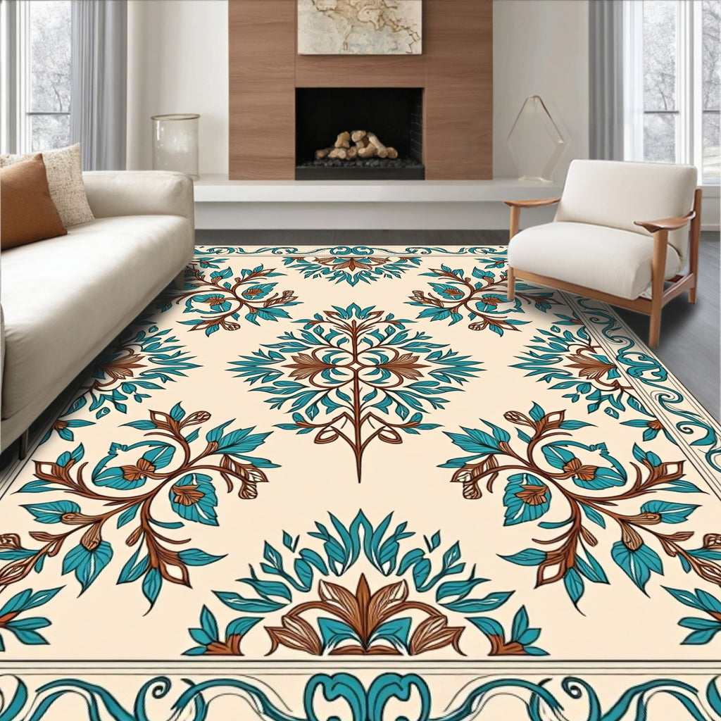 Elegant Teal Brown Floral Pattern Rug