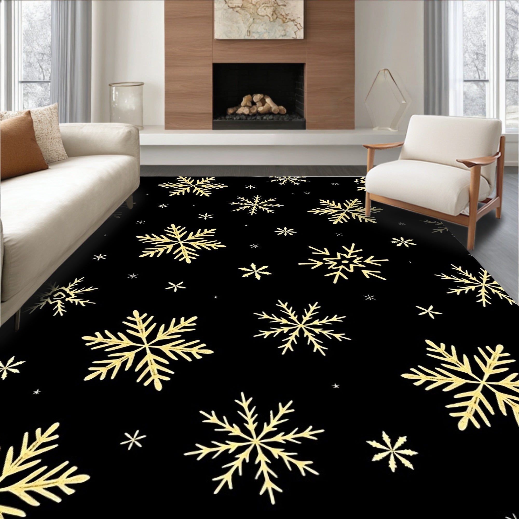 Golden Snowflake Black Winter Rug