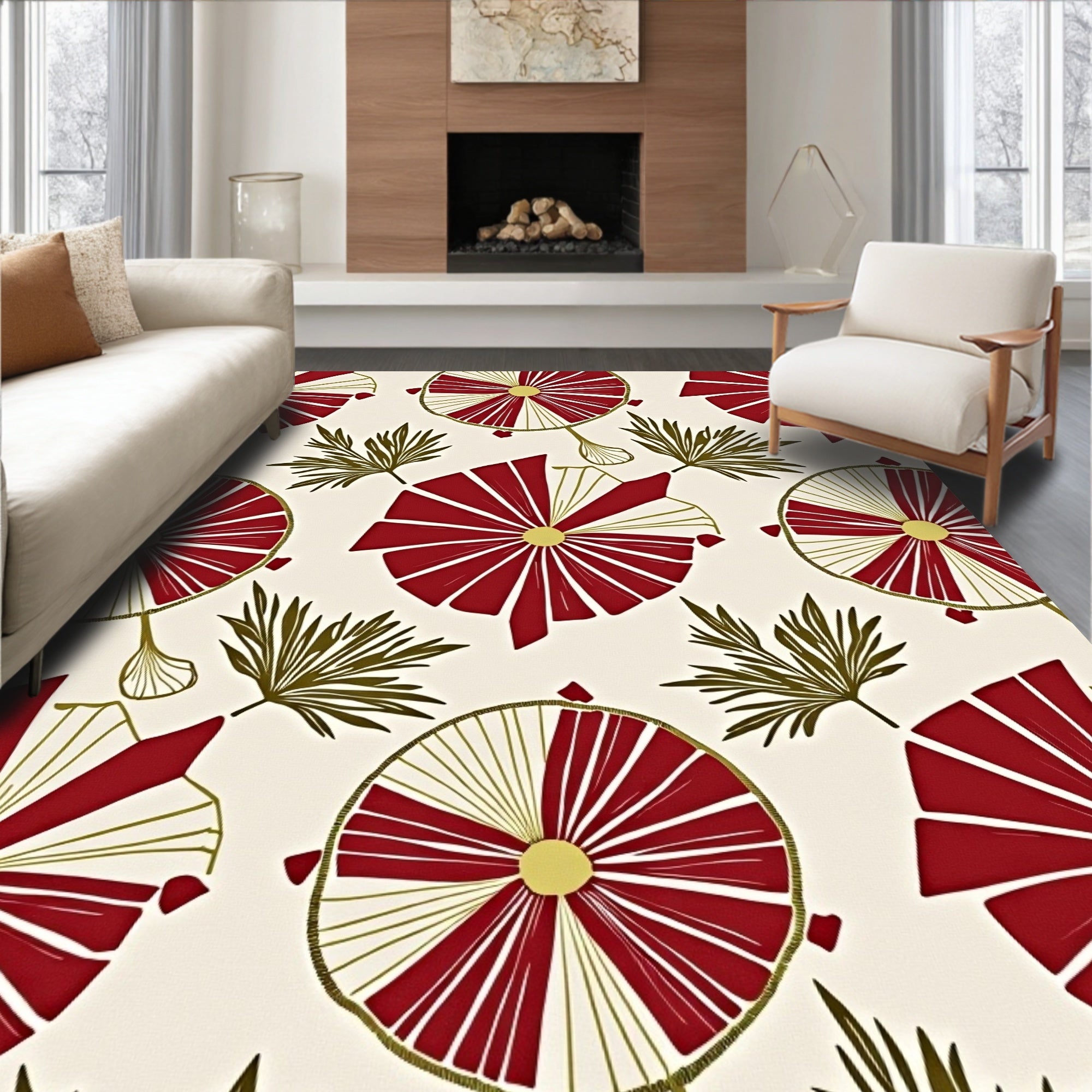 Red Petal Sunburst Leaf Design Rug