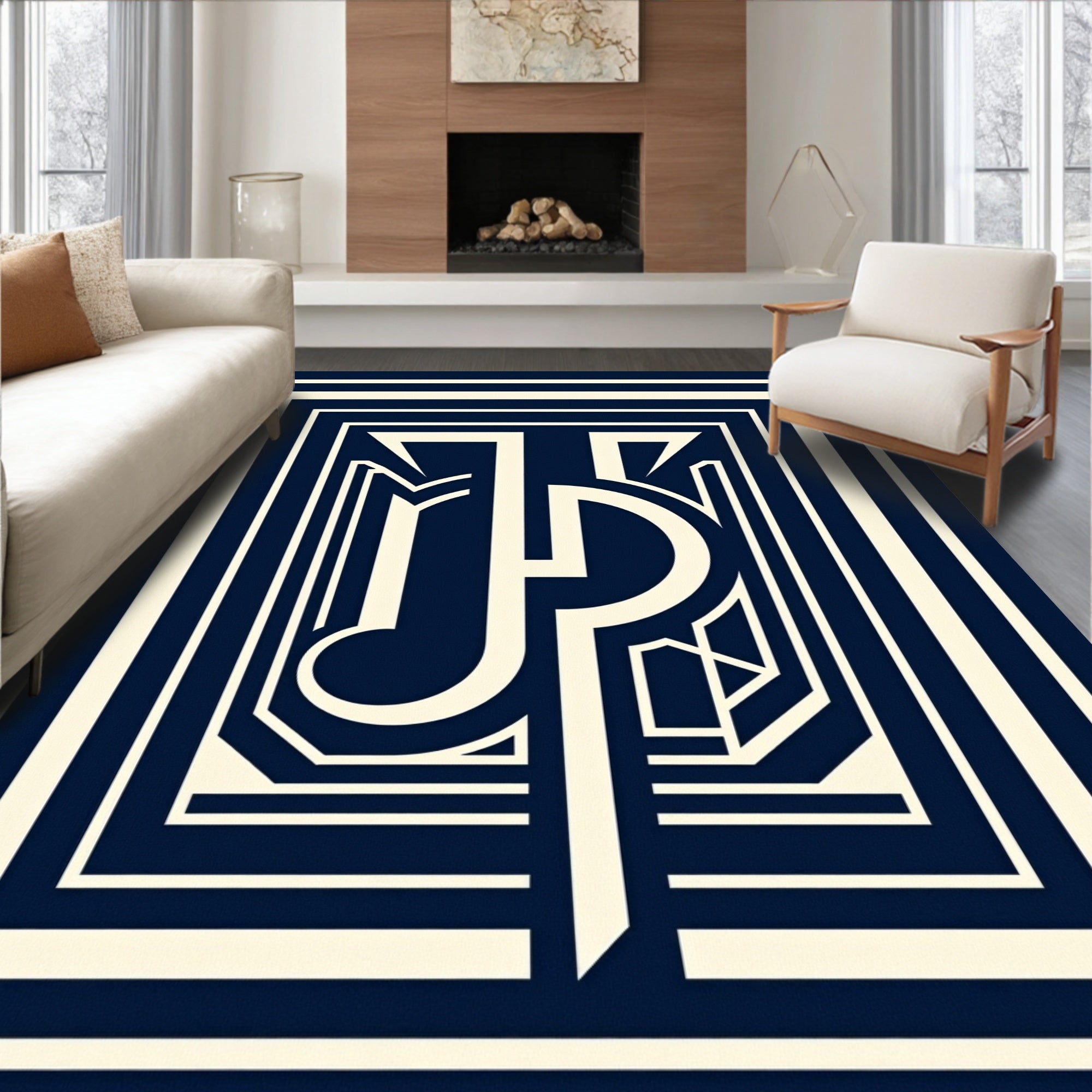 Deep Blue Geometric Art Deco Design Rug