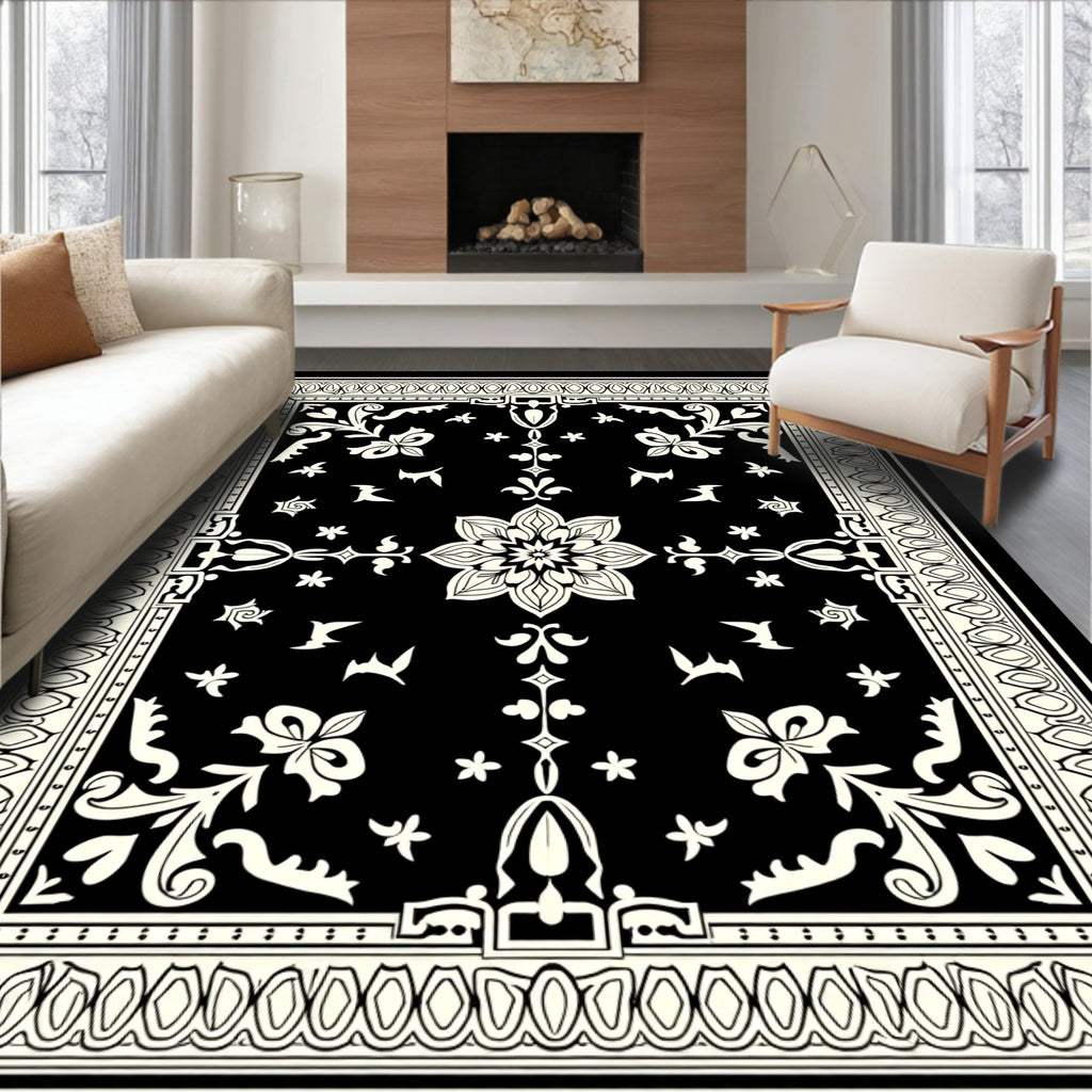 Black White Floral Mandala Pattern Rug