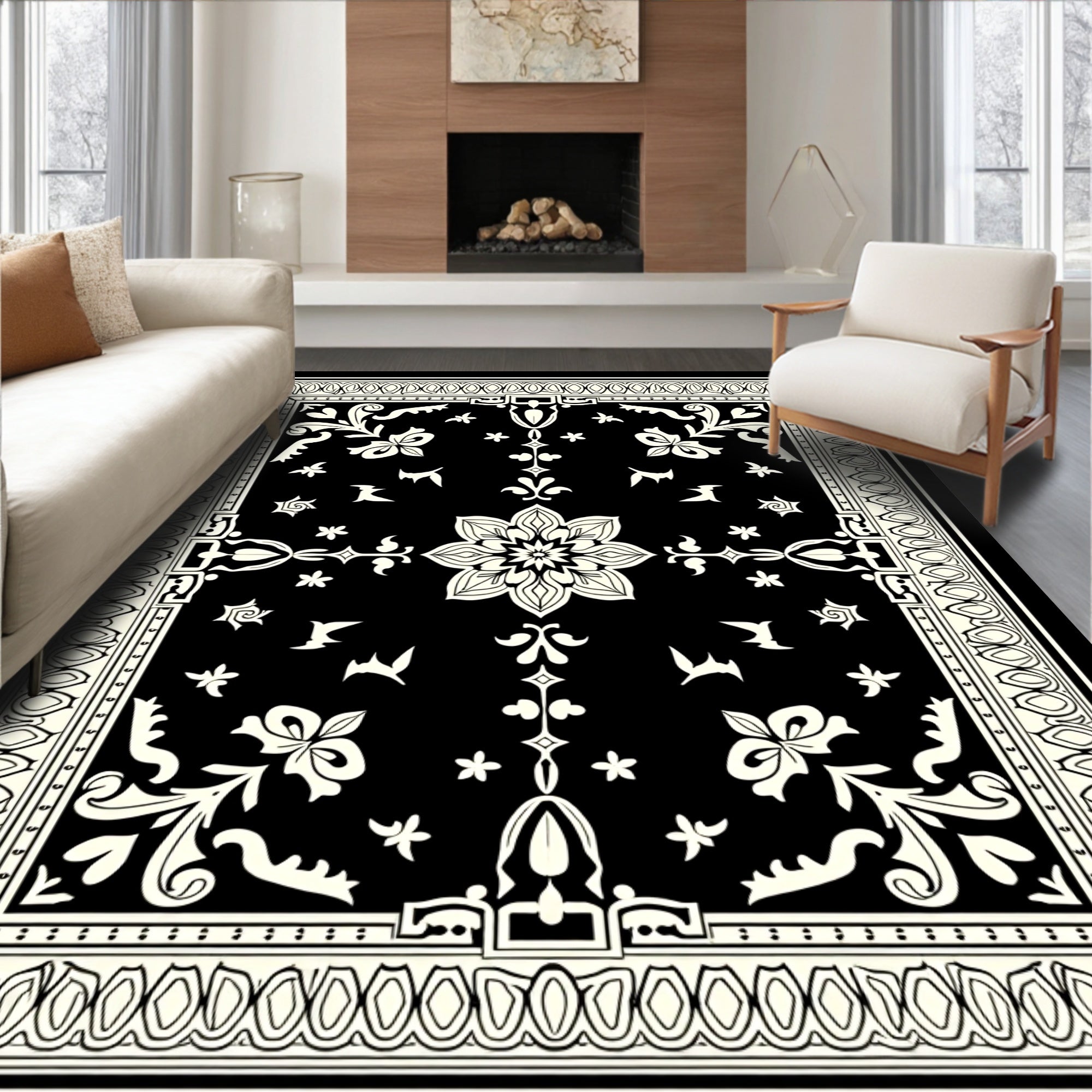Black White Floral Mandala Pattern Rug