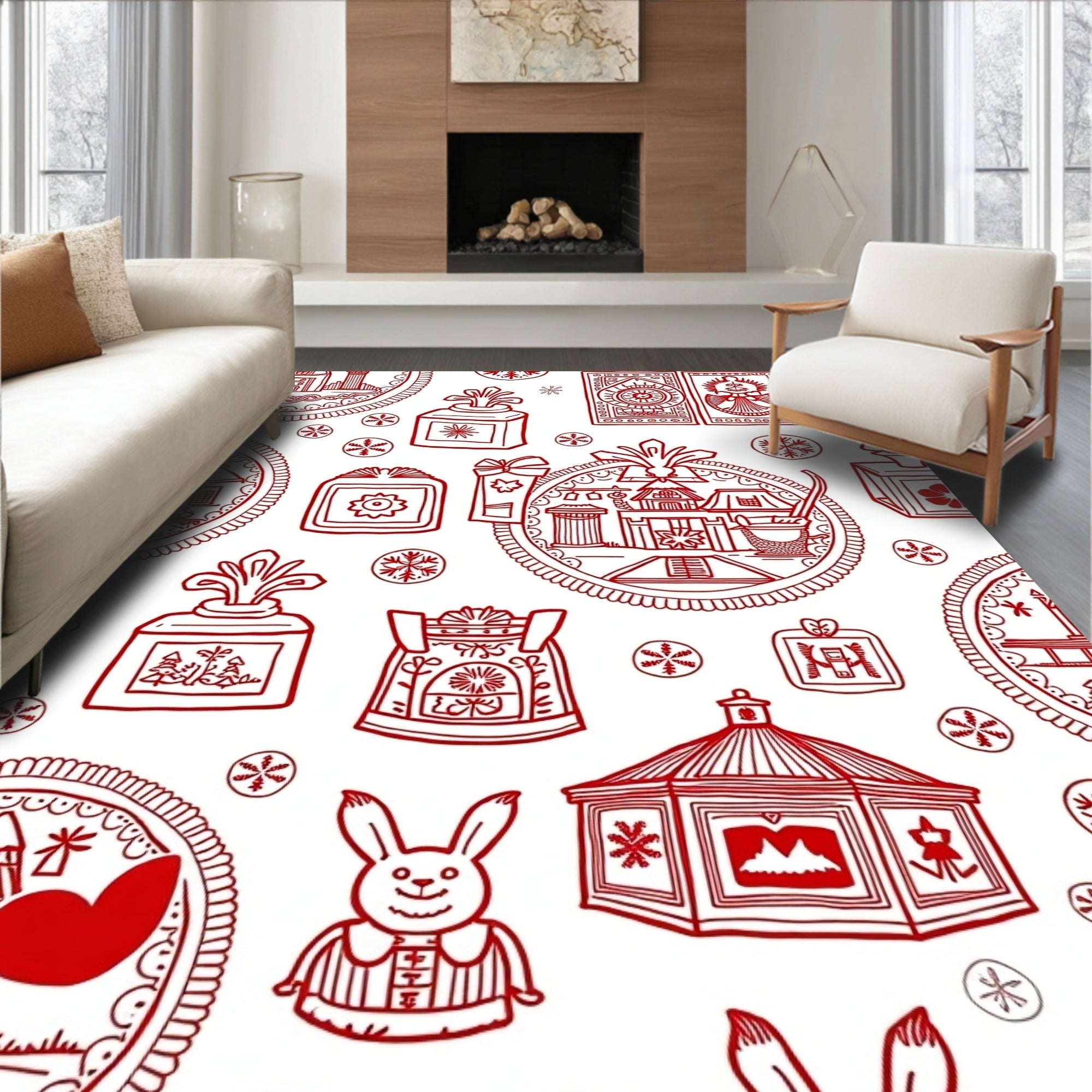 Red Whimsical Village Houses Snowflakes Rug