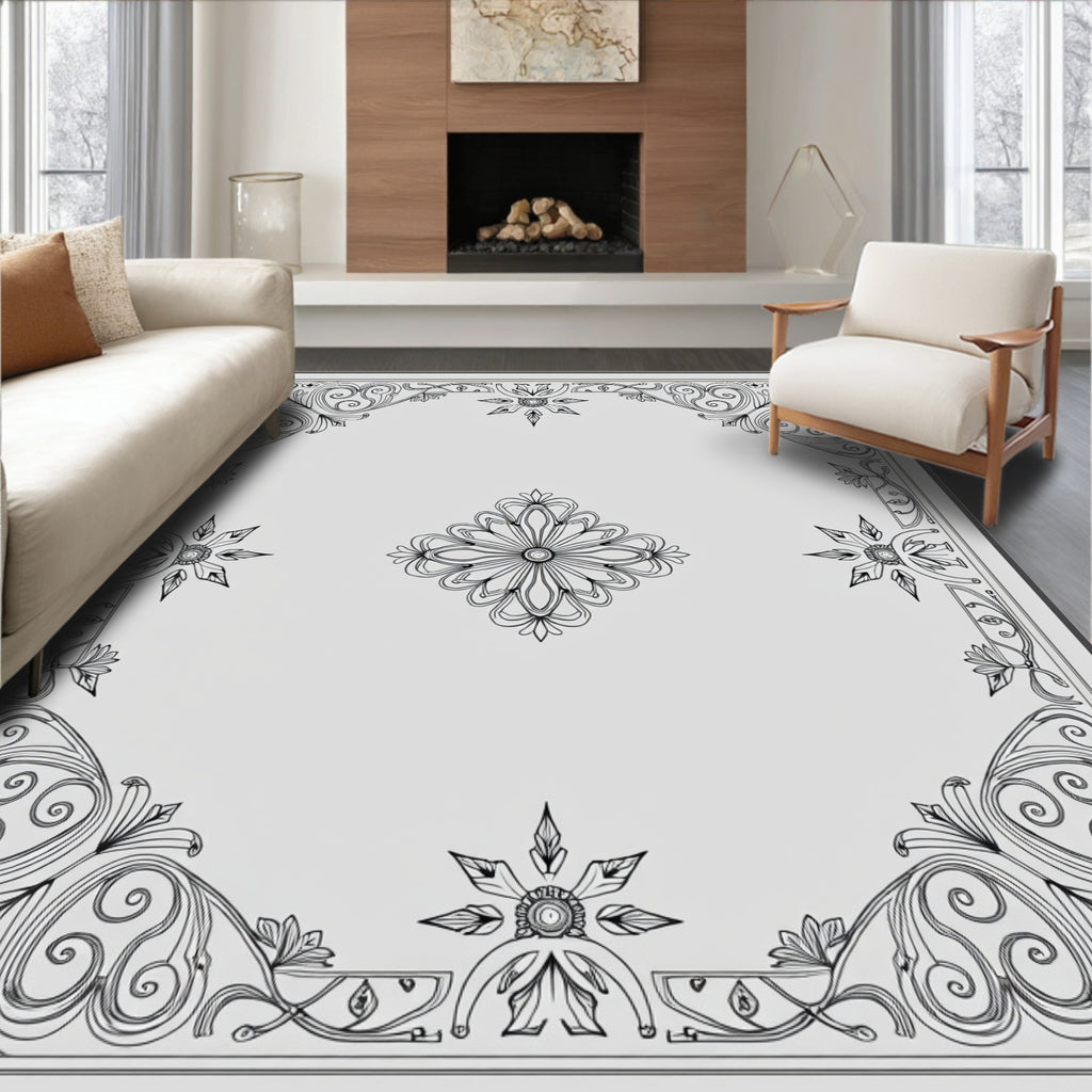 Elegant Scrollwork Floral Starburst Pattern Rug