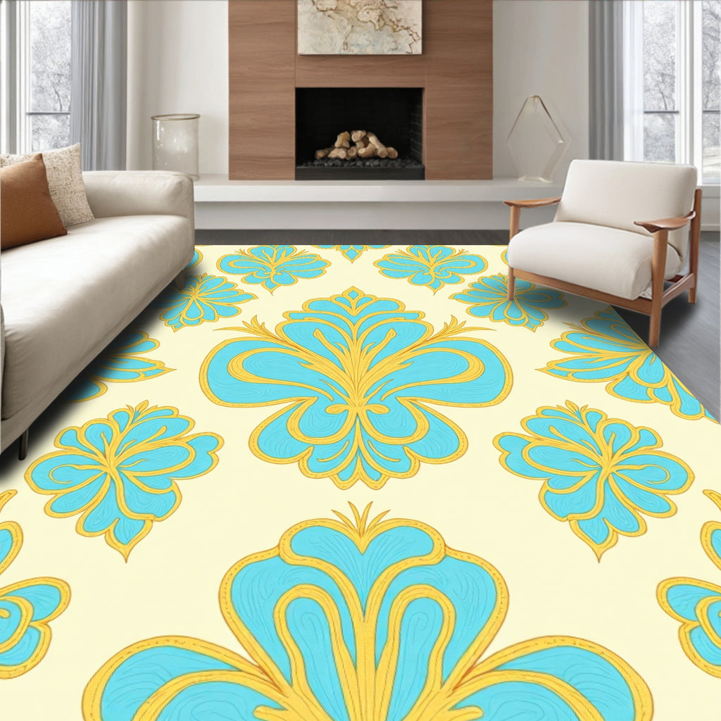 Aqua Gold Floral Damask Pattern Rug