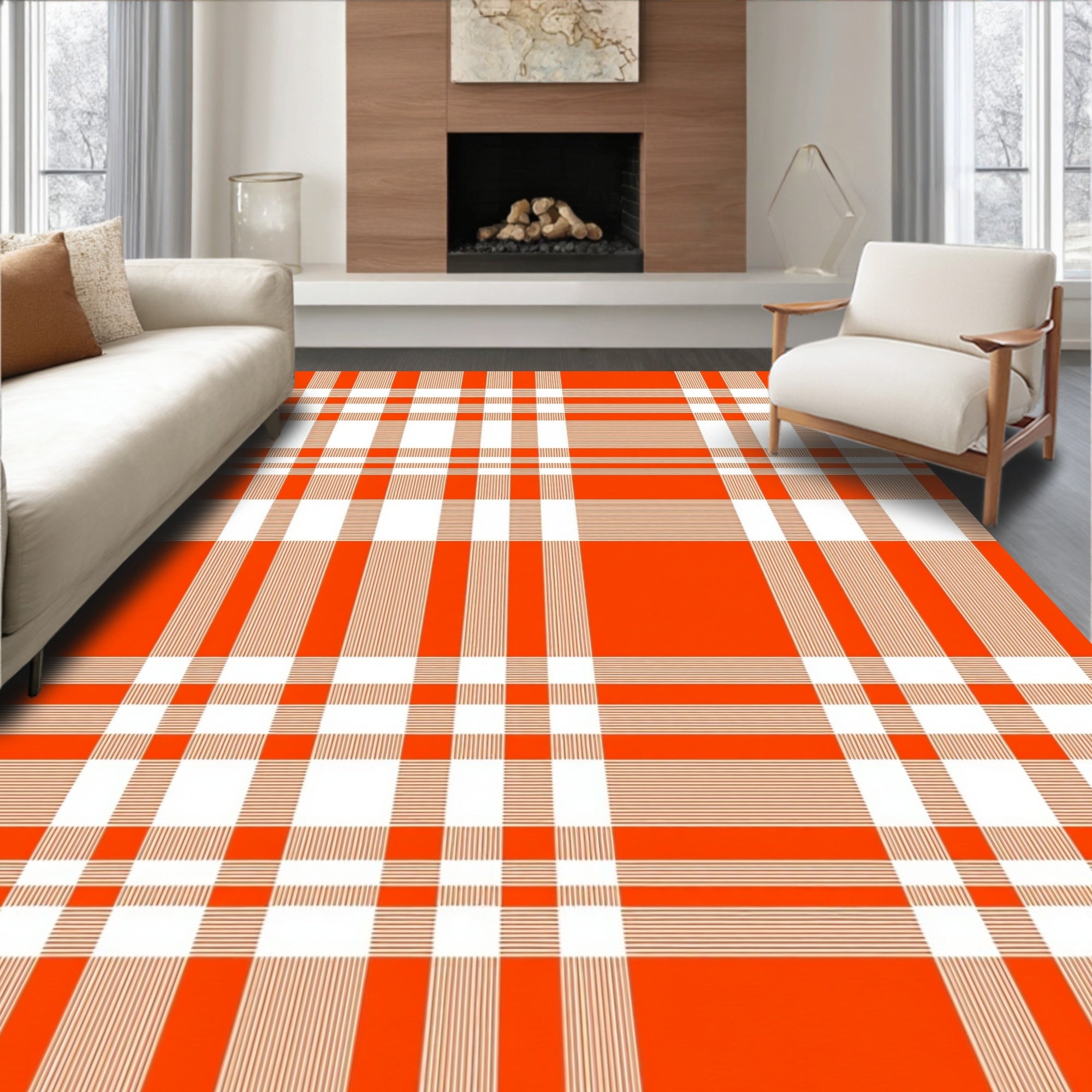 Bold Orange White Checkered Pattern Rug