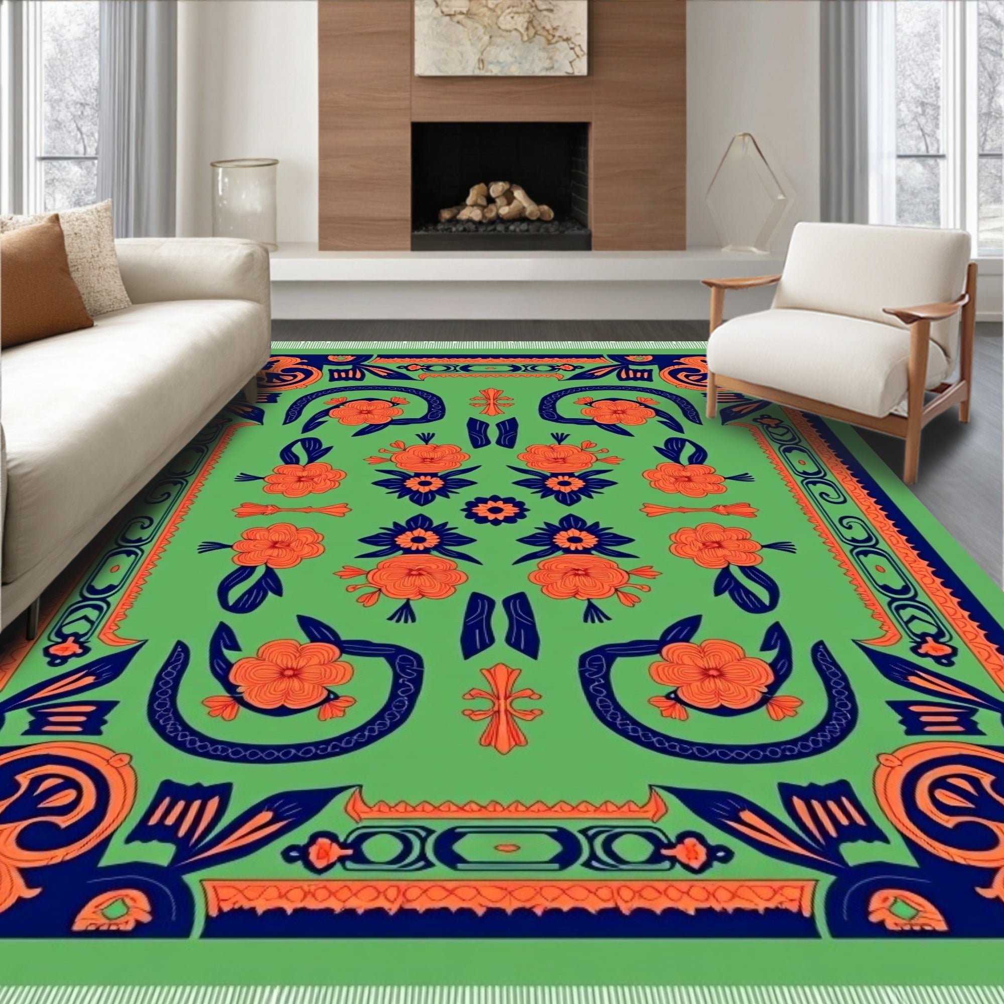 Vibrant Orange Floral Border Rug